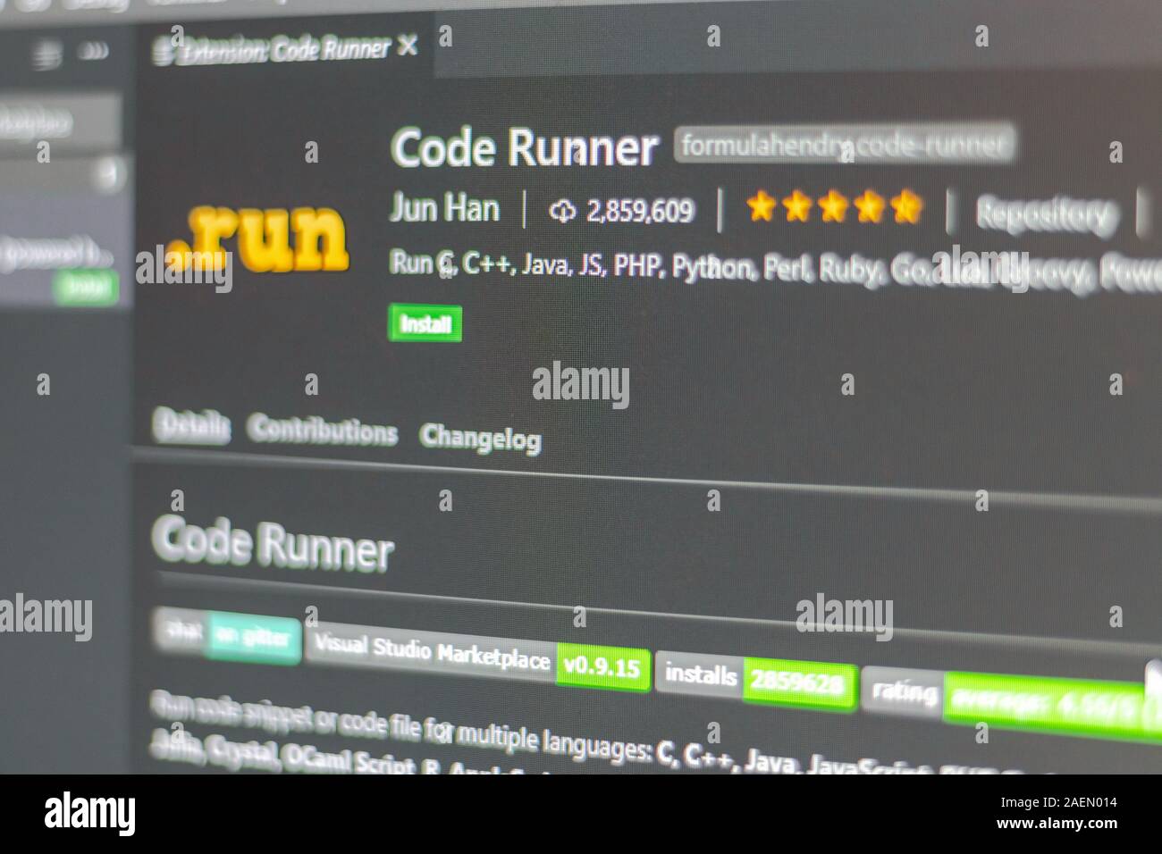 Code runner Erweiterung für Visual Studio Code Stockfoto