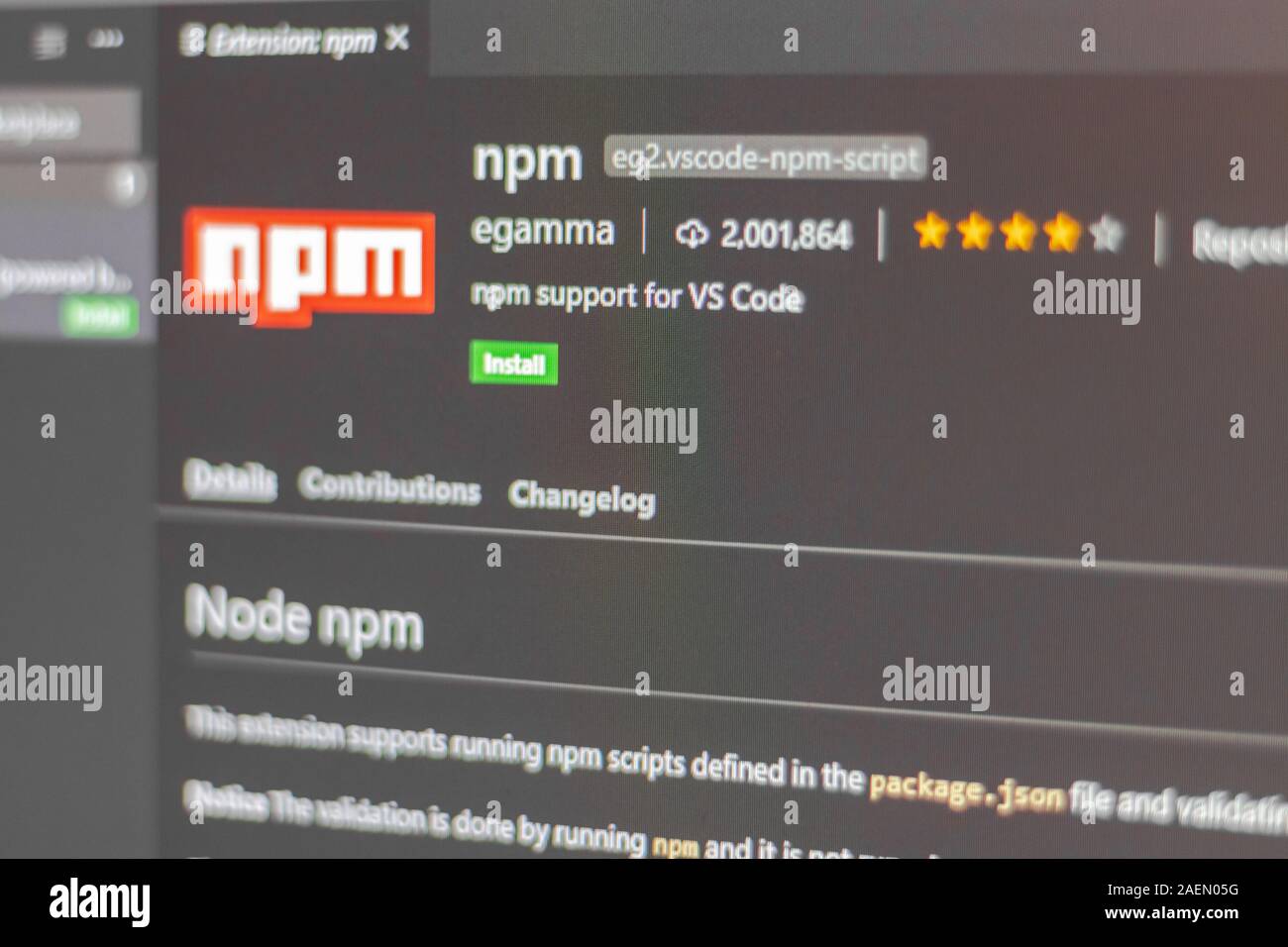 Npm-Erweiterung für Visual Studio Code Stockfoto