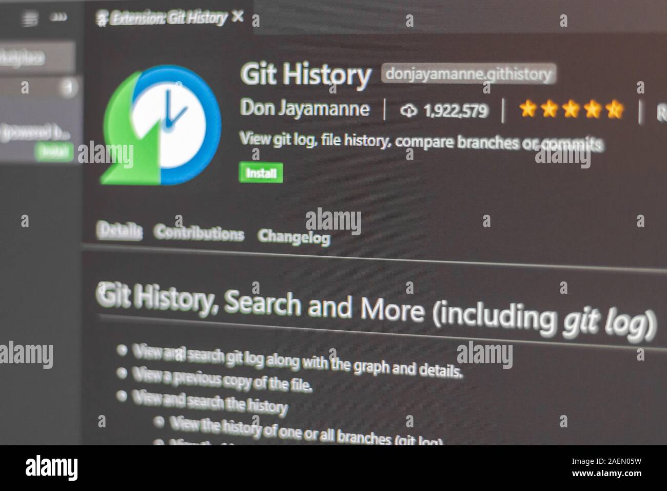 Git Geschichte Erweiterung für Visual Studio Code Stockfoto