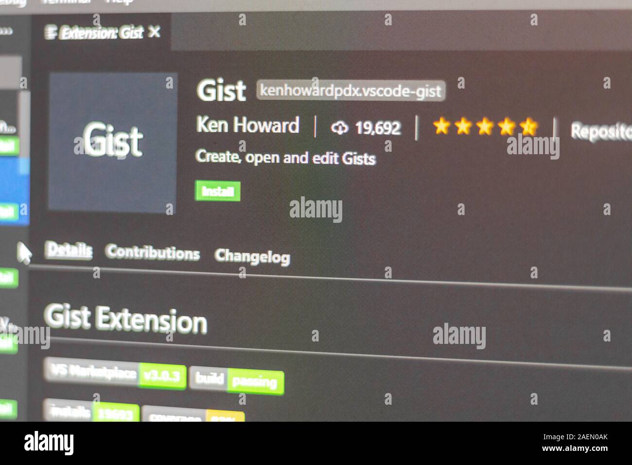 Gist ist eine Visual Studio Code Extension für die Erstellung gists öffnen und bearbeiten. Stockfoto