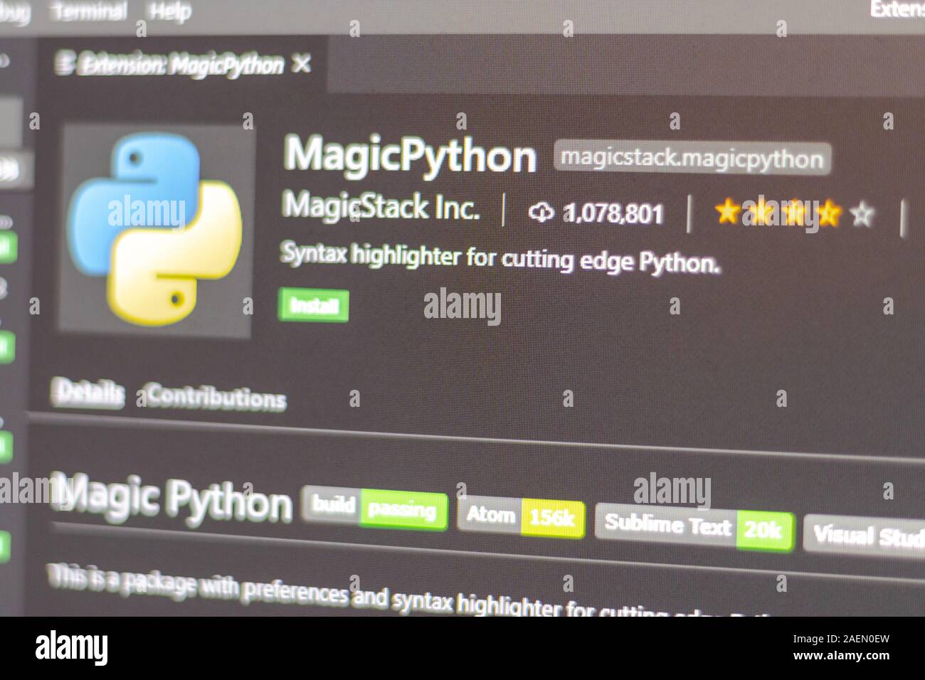 Erweiterung für Visual Studio Code MagicPython. Syntax Highlighter für Schneide Python. Stockfoto