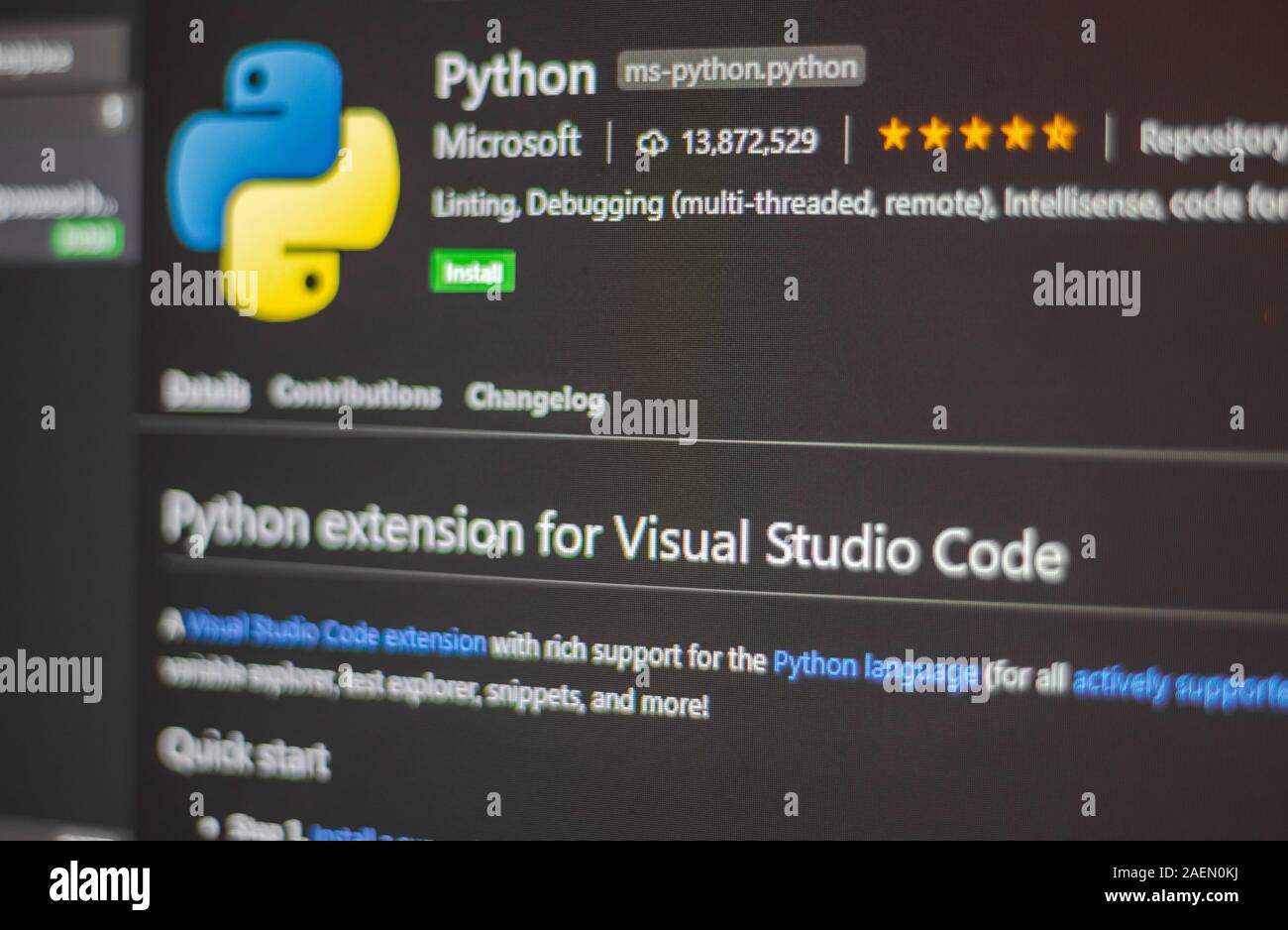 Ein Visual Studio Extension für die Programmiersprache Python Stockfoto