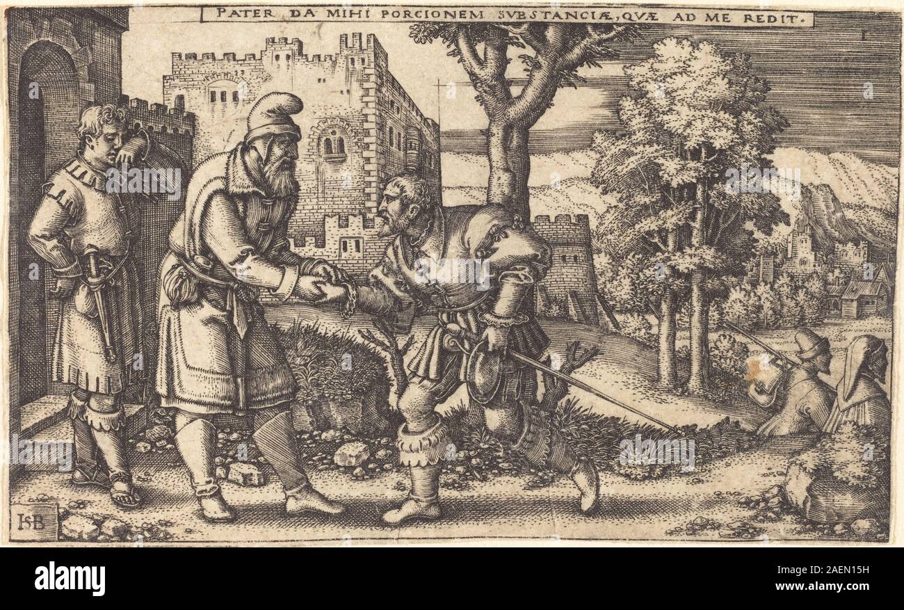 Sebald Behams Kunstwerk stellt die biblische Geschichte des verlorenen Sohnes dar und veranschaulicht menschliche Emotionen und erzählerische Komposition in Renaissance-Stichen. Stockfoto