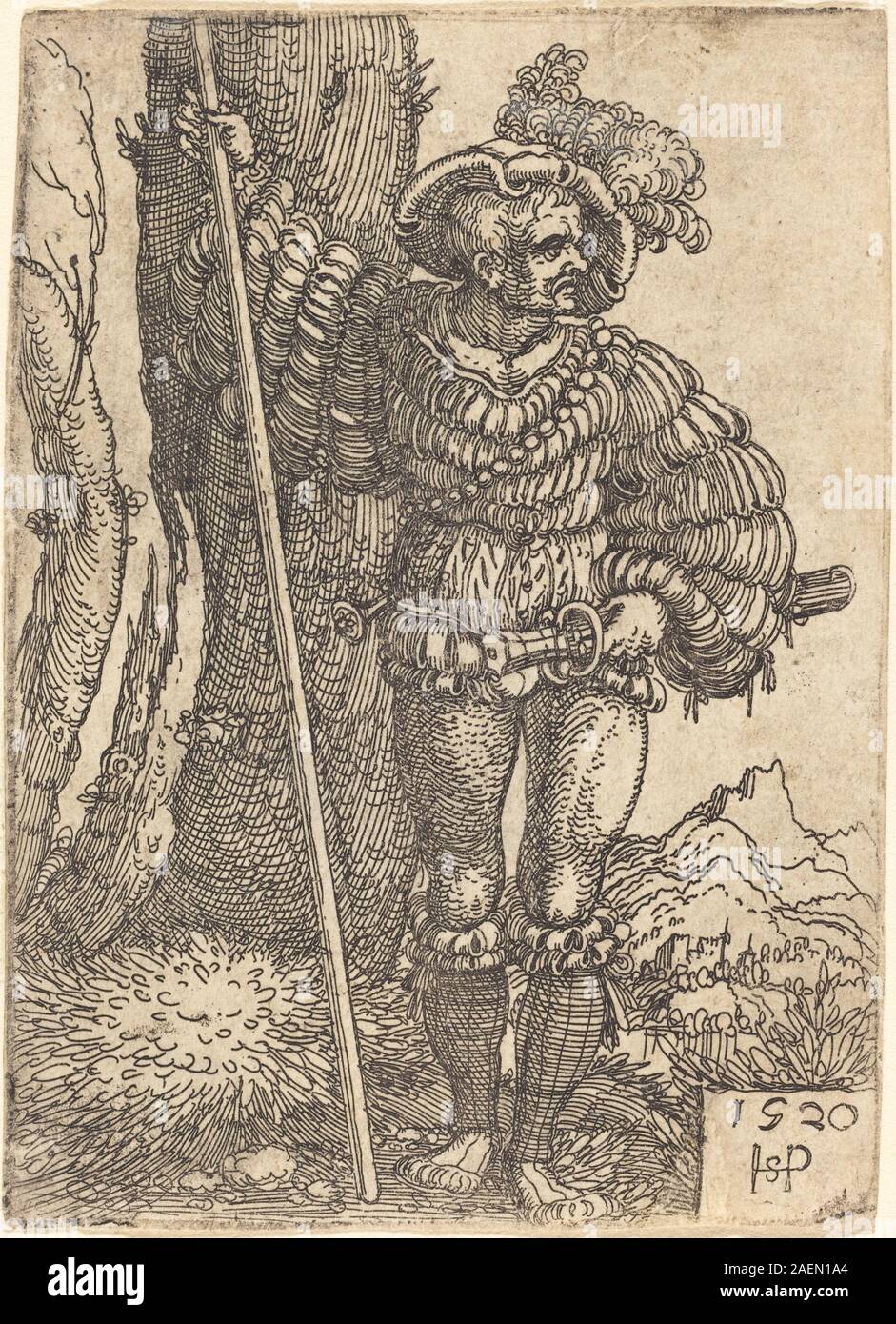 Sebald Beham, Fuß Soldat stehend durch einen Baum, 1520, Fuß Soldat stehend durch einen Baum; 1520 Datum Stockfoto