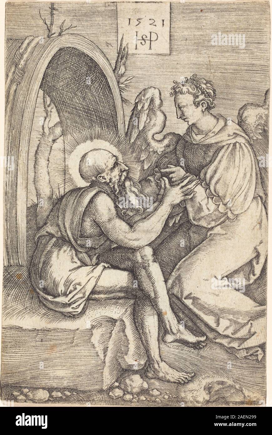 Dieser Stich von Sebald Beham aus dem Jahr 1521 stellt den Heiligen Jerome in Begleitung eines Engels dar und illustriert christliche religiöse Themen mit Stichen aus der Renaissance und detaillierten menschlichen Figuren. Stockfoto