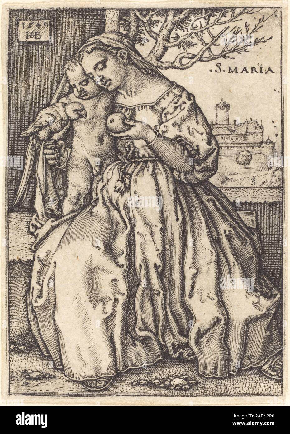 Sebald Beham, Jungfrau und Kind mit Papagei, 1549, Jungfrau und Kind mit einem Papagei; 1549 Datum Stockfoto