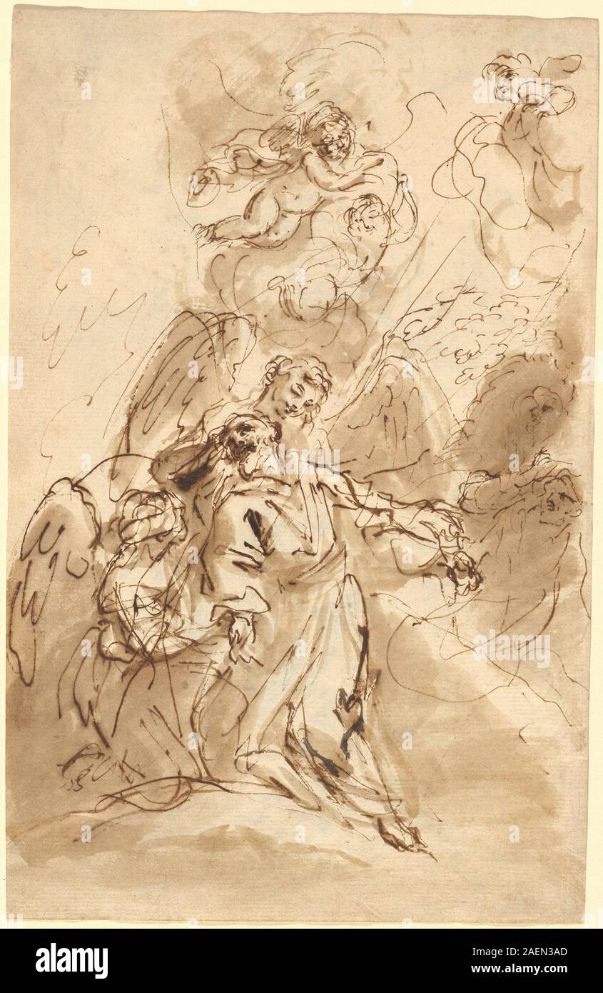 Dieses Gemälde von Sebastiano Ricci, datiert 1706-1720, zeigt die Ekstase des Heiligen Franziskus, zeigt den heiligen in einer spirituellen Vision, Gesten, Vorhänge, Gesichtsausdruck, Landschaftselemente, und barocke Komposition, die die italienische religiöse Malerei des frühen 18. Jahrhunderts widerspiegelt. Stockfoto