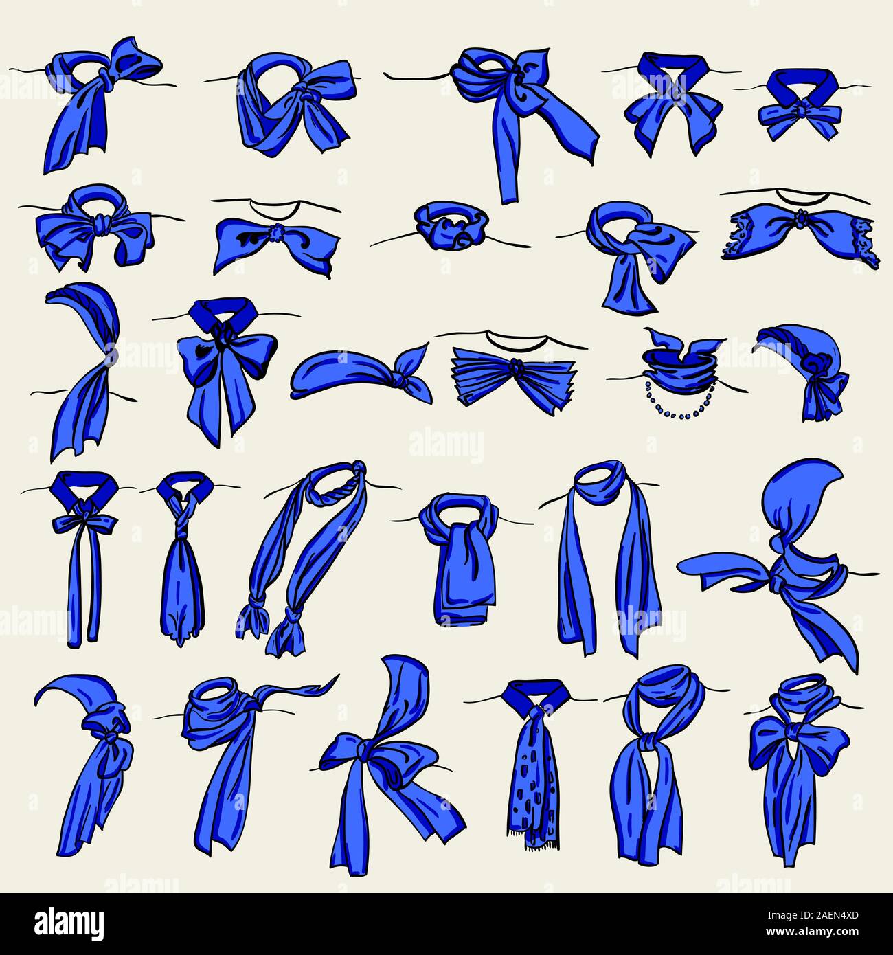 Reihe von verschiedenen Halstücher, die auf unterschiedliche Weise gebunden Stock Vektor