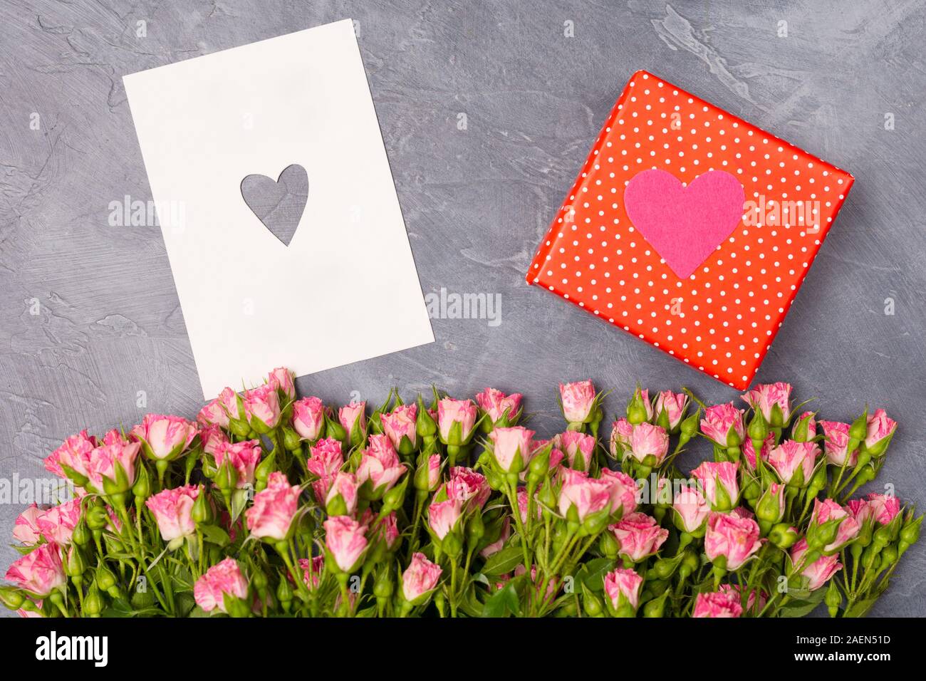 Rosa Rosen, Geschenk in der Red Box und Karte mit Herz auf grauem Hintergrund der Frau des Tages Mutter Valentinstag Konzept Stockfoto