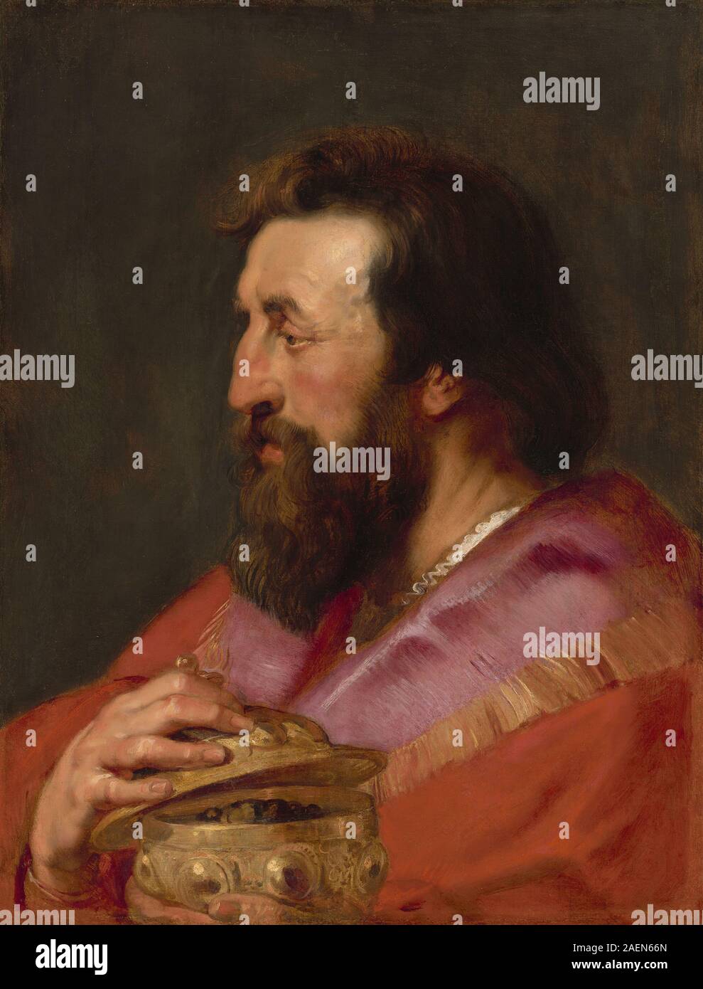 Ein Gemälde von Sir Peter Paul Rubens und seinem Atelier, das den Kopf von Melchior, einem der drei Könige, zeigt, dargestellt als der assyrische König, schuf um 1618 und betonte Portrait, Farbe und barocke Komposition. Stockfoto