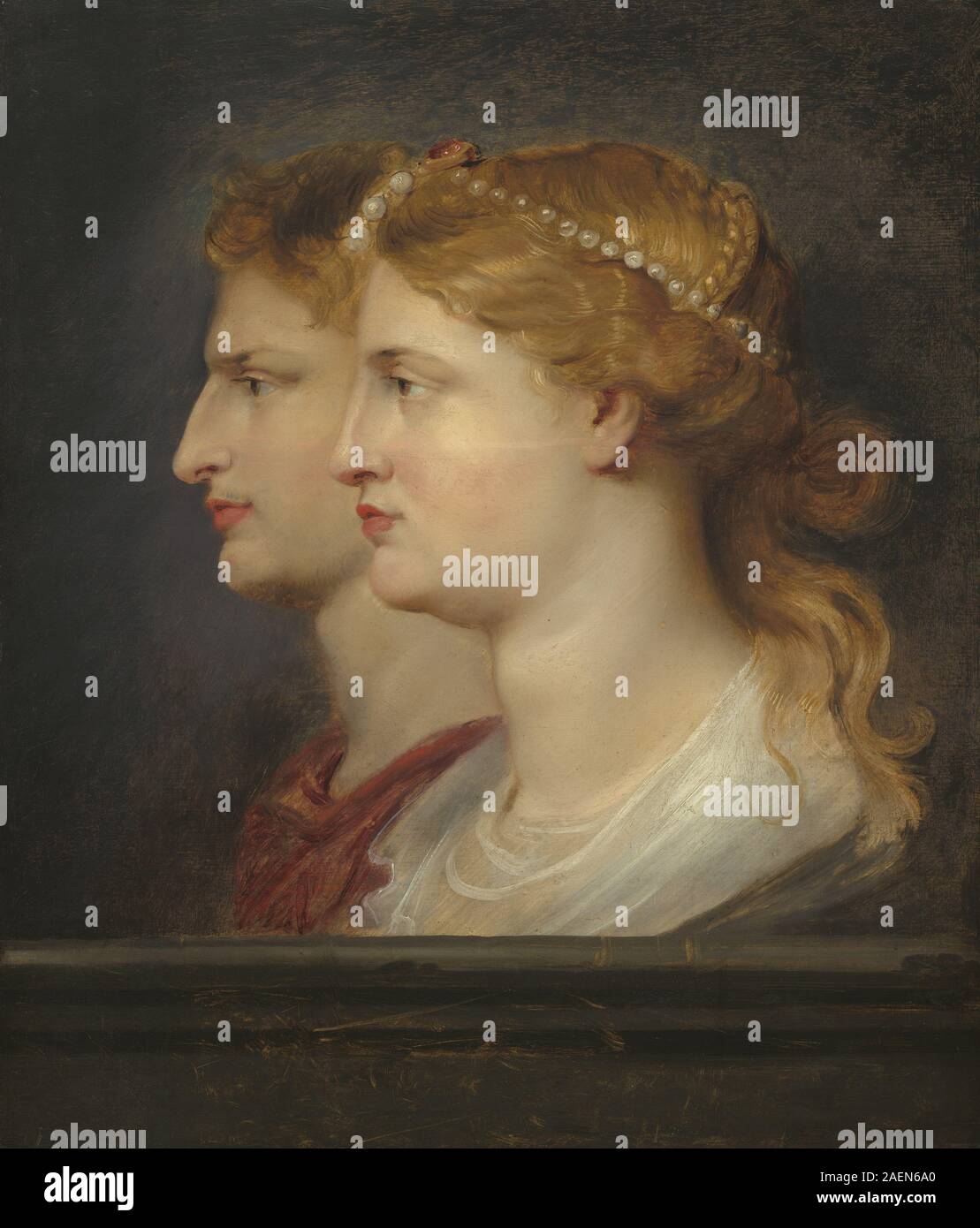 Gemälde von Sir Peter Paul Rubens um 1614 mit Darstellung von Agrippina und Germanicus mit Figuren, Gesten, Kleidung und barocker stilistischer Komposition. Stockfoto