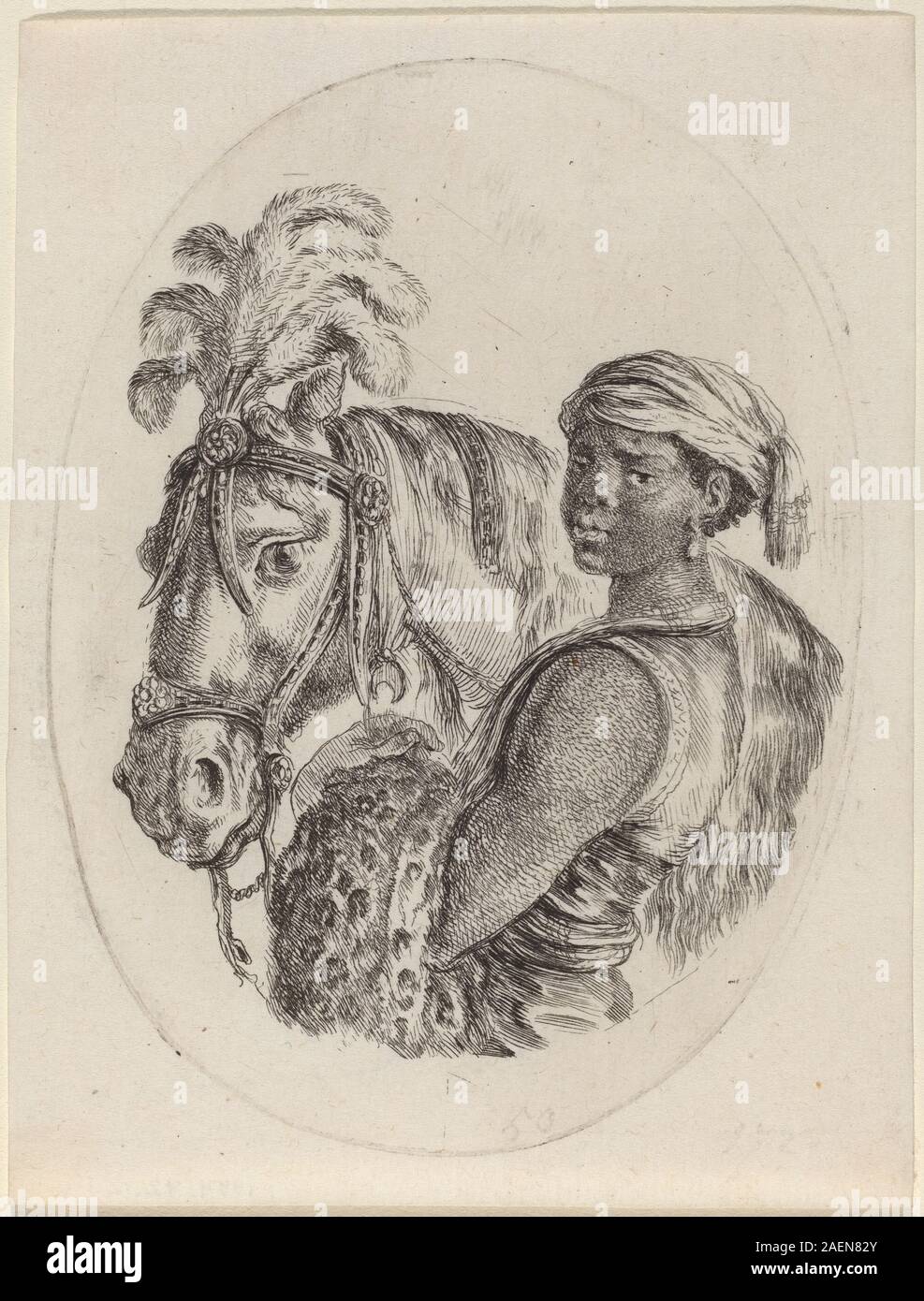Gravur von Stefano Della Bella aus dem Jahr 1649-1650, der einen schwarzen Bräutigam zeigt, der ein arabisches Pferd behandelt. und italienisches Reitbild aus dem 17. Jahrhundert. Stockfoto