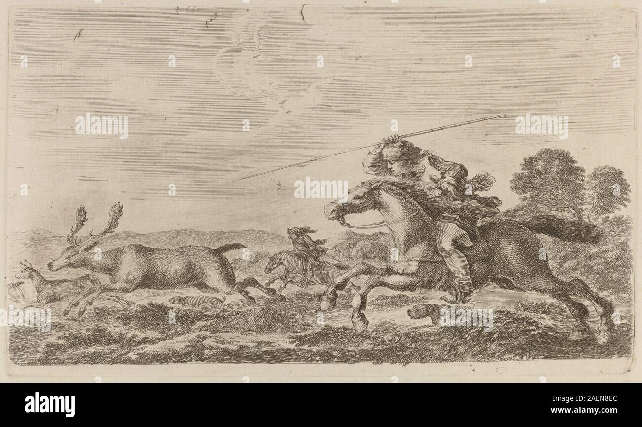 Eine Zeichnung von Stefano Della Bella, die einen Hirsch zeigt, der von zwei berittenen kavalieren verfolgt wird, wobei Jagdpraktiken, Tierbewegungen und Militärkleidung aus dem 17. Jahrhundert hervorgehoben werden. Stockfoto
