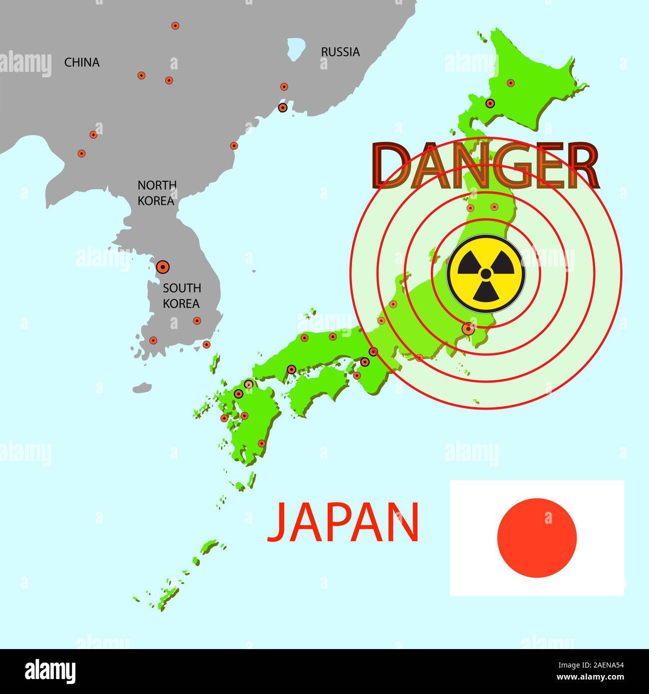 Japan-Karte mit der Gefahr auf ein Atomkraftwerk Stock Vektor
