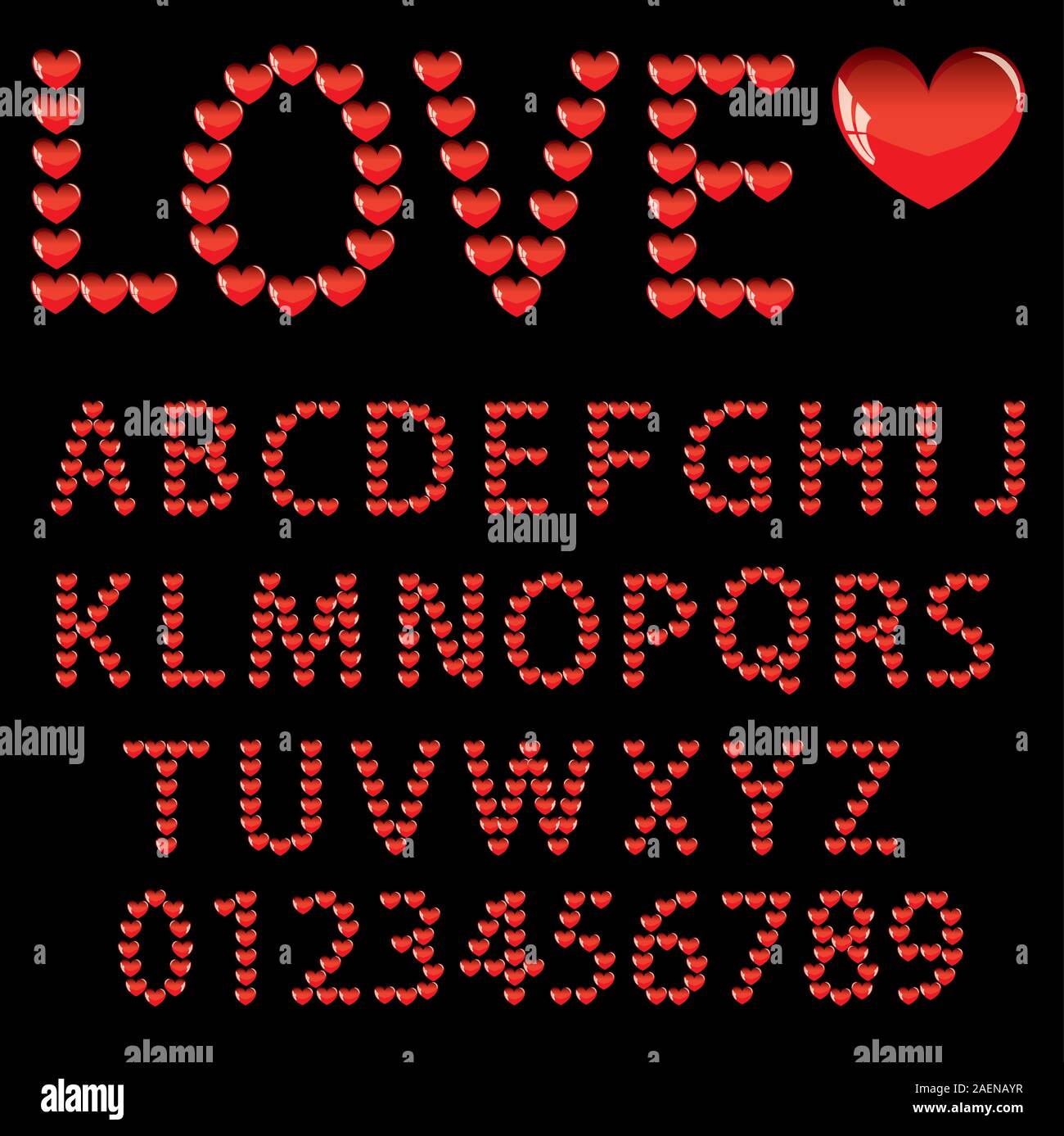 Liebe das Alphabet mit einem Herz Buchstaben und Zahlen Stock Vektor