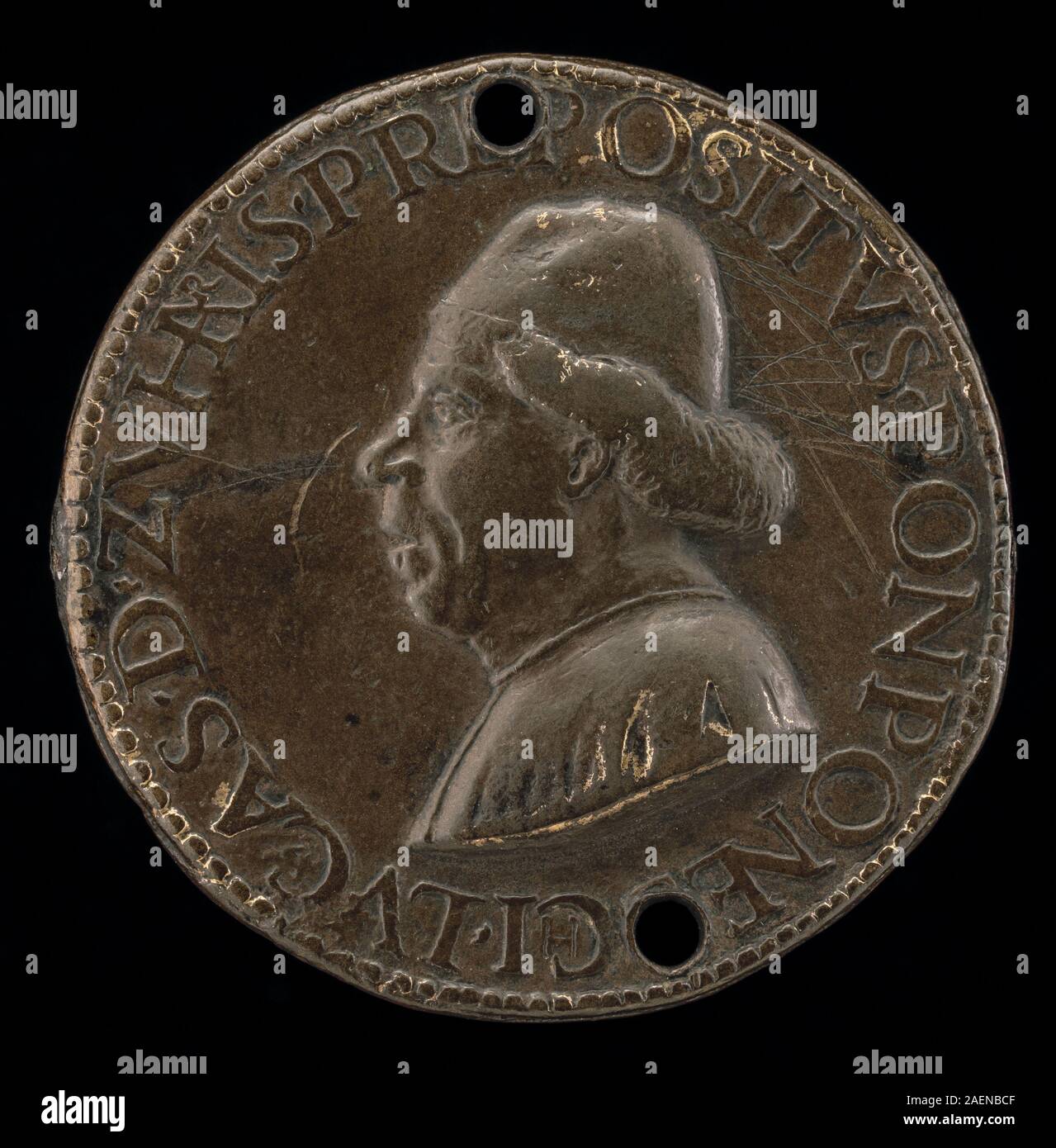 Medaille oder Vorderseite von Antico mit Luca de'Zuhari, wahrscheinlich 1490-1520, Porträtbüste, Gesichtszüge, Inschrift, Profilansicht und italienischer Medaillenstil vom Ende des 15. bis Anfang des 16. Jahrhunderts. Stockfoto