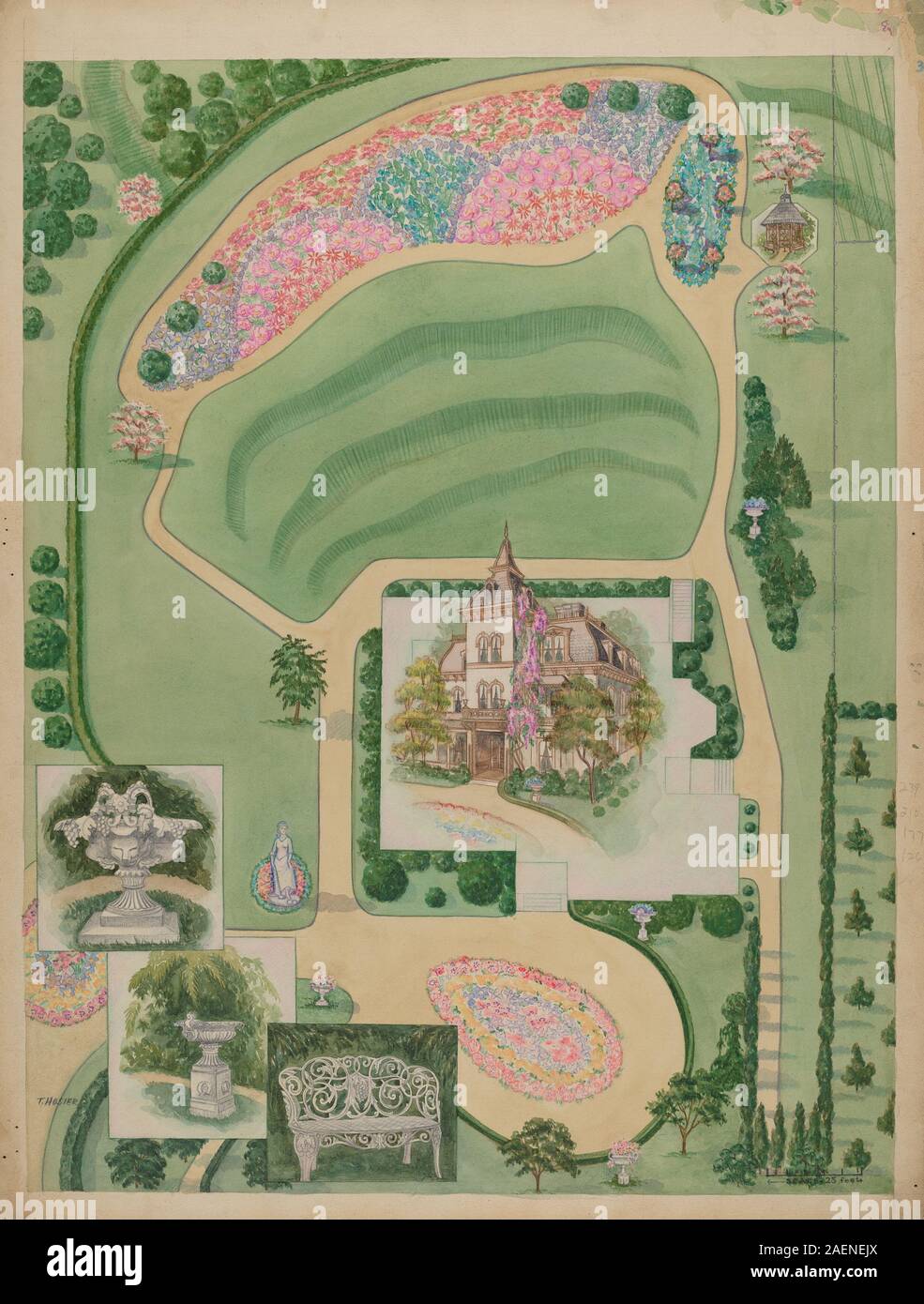 Ein Gemälde von Tabea Hosier, das das William A. Wheelock Anwesen um 1936 darstellt. Das Werk veranschaulicht architektonische Besonderheiten, Landschaftsumfeld und Anwesen aus einer realistischen Perspektive. Stockfoto