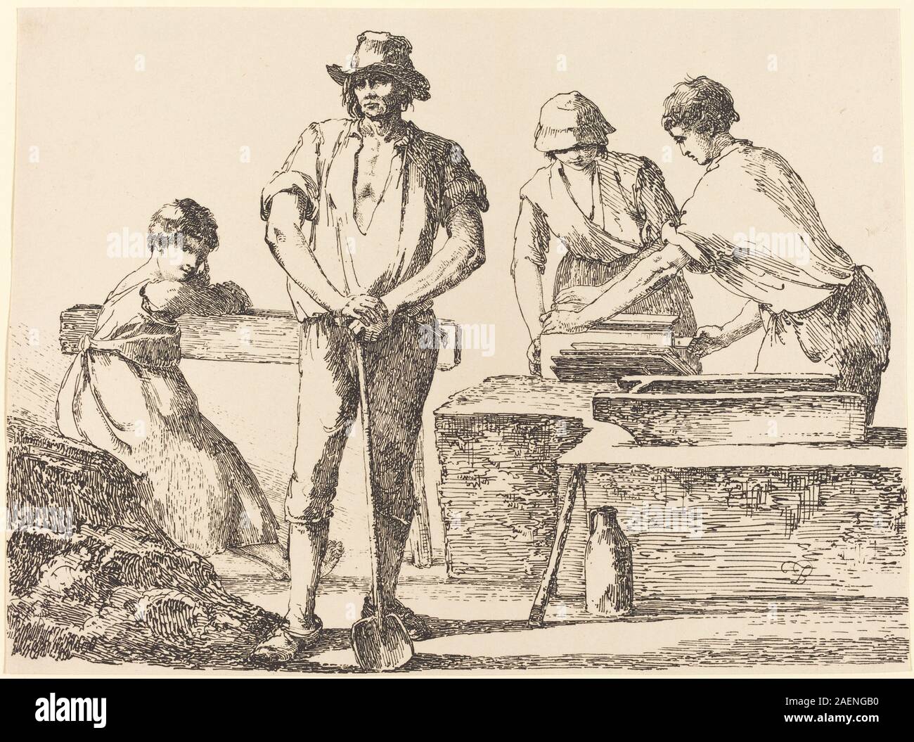 Gemälde von Thomas Barker, 1803, die Fliesenmacher bei der Arbeit darstellen, Figuren, Werkzeuge, Ton, Fliesen, Werkstatt, Kleidung, Gesten und britischer Genre des frühen 19. Jahrhunderts. Stockfoto