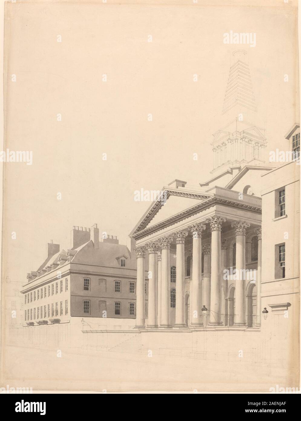 Eine Zeichnung von Thomas Malton aus dem Jahr 1799, die St. George's Church in Bloomsbury, London, mit Fassade, architektonischen Details, Fenstern, Türme, umliegende Straßen, Perspektive und britischer Architekturstil aus dem 18. Jahrhundert. Stockfoto