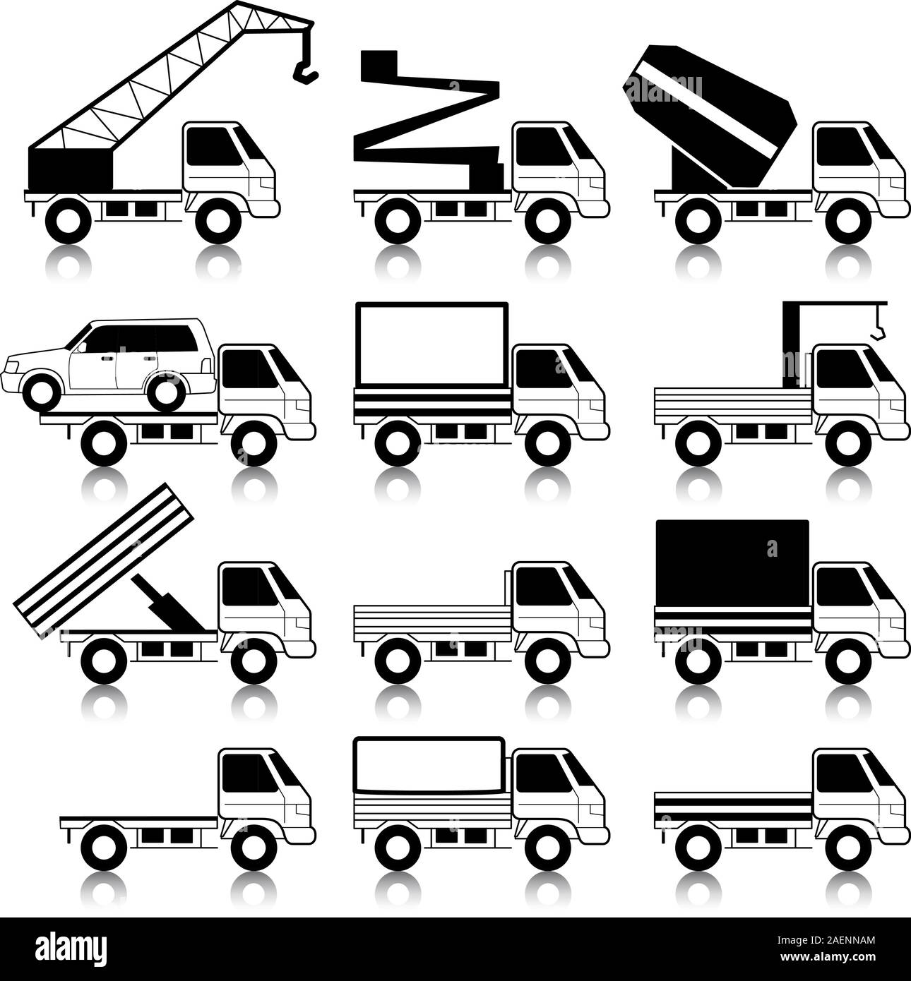 Satz von Vektor-Icons - Transport-Symbole. Schwarz auf weiß. Autos, Fahrzeuge. Karosserie &amp; Anbauteile. Stock Vektor