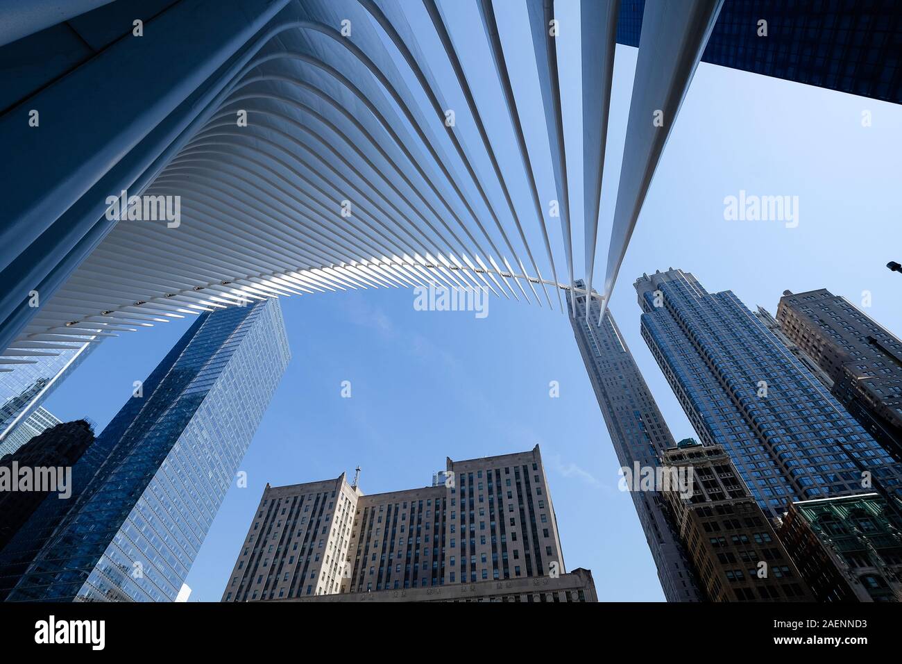 Dach von Oculus im World Trade Center und den umliegenden Gebäuden Stockfoto