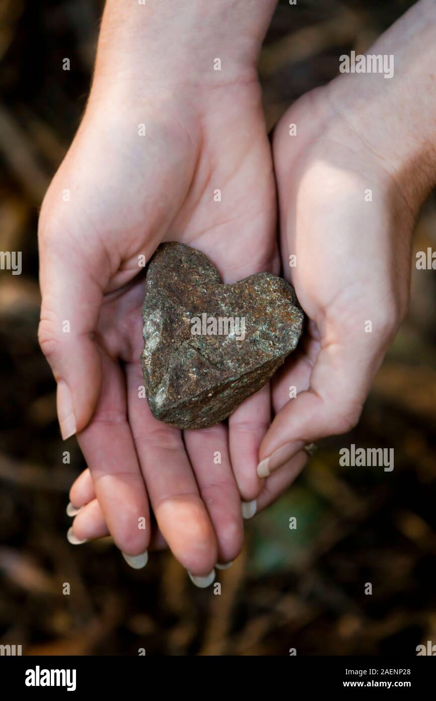 Bis auf die Frau, die Hände, die kleinen herzförmigen Stein, vertikale Foto schliessen. Stockfoto