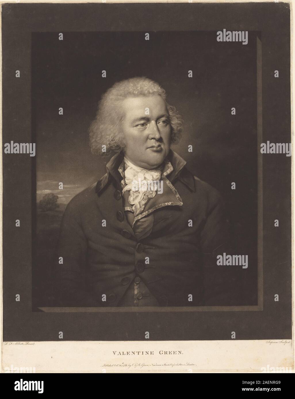 Dieser Gravur von Valentine Green aus dem Jahr 1788 nach Lemuel Francis Abbott zeigt ein Porträt von Valentine Green mit detaillierten Gesichtszügen, Haaren und Kleidung, die den britischen Gravurstil des 18. Jahrhunderts widerspiegeln. Stockfoto