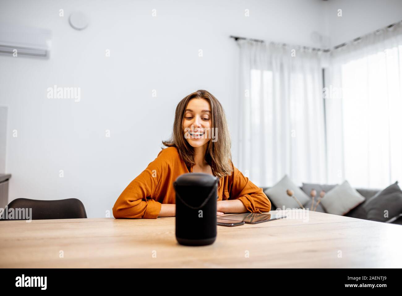 Junge fröhliche Frau controlling home Geräte mit einem Sprachbefehle, um eine Smart Spalte zu Hause sprechen. Konzept der "Smart Home" und Sprachsteuerung Stockfoto