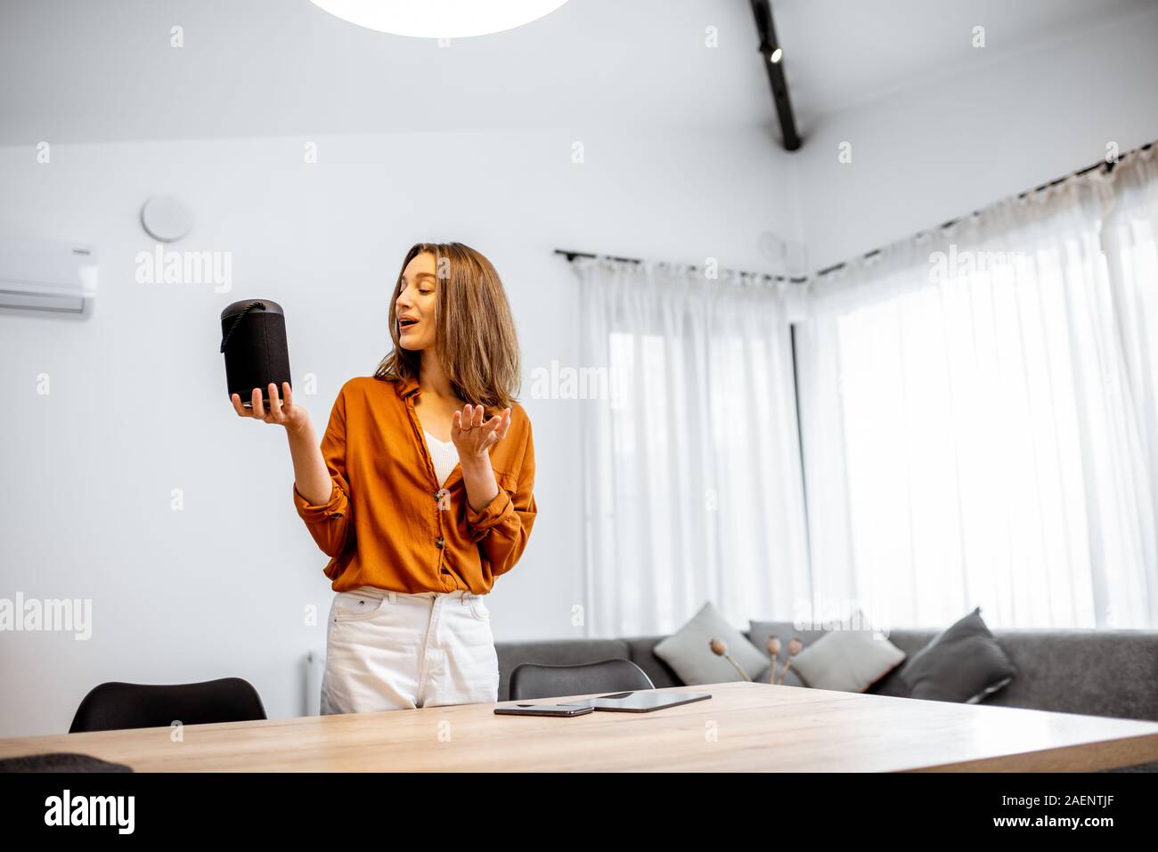 Junge fröhliche Frau controlling home Geräte mit einem Sprachbefehle, um eine Smart Spalte zu Hause sprechen. Konzept der "Smart Home" und Sprachsteuerung Stockfoto