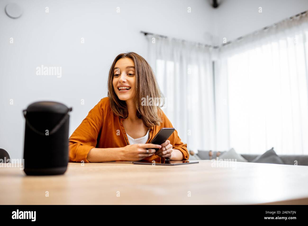 Junge fröhliche Frau controlling home Geräte mit einem Sprachbefehle, um eine Smart Spalte zu Hause sprechen. Konzept der "Smart Home" und Sprachsteuerung Stockfoto