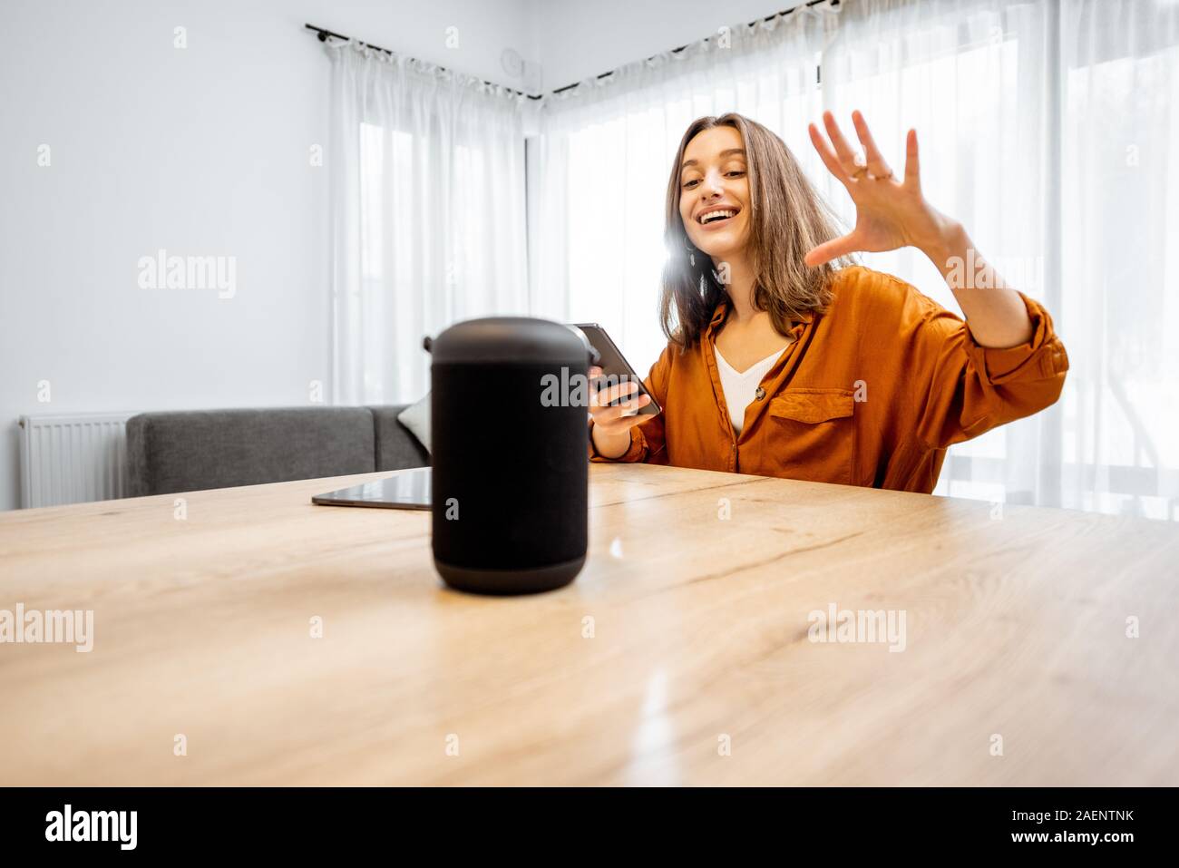 Junge fröhliche Frau controlling home Geräte mit einem Sprachbefehle, um eine Smart Spalte zu Hause sprechen. Konzept der "Smart Home" und Sprachsteuerung Stockfoto