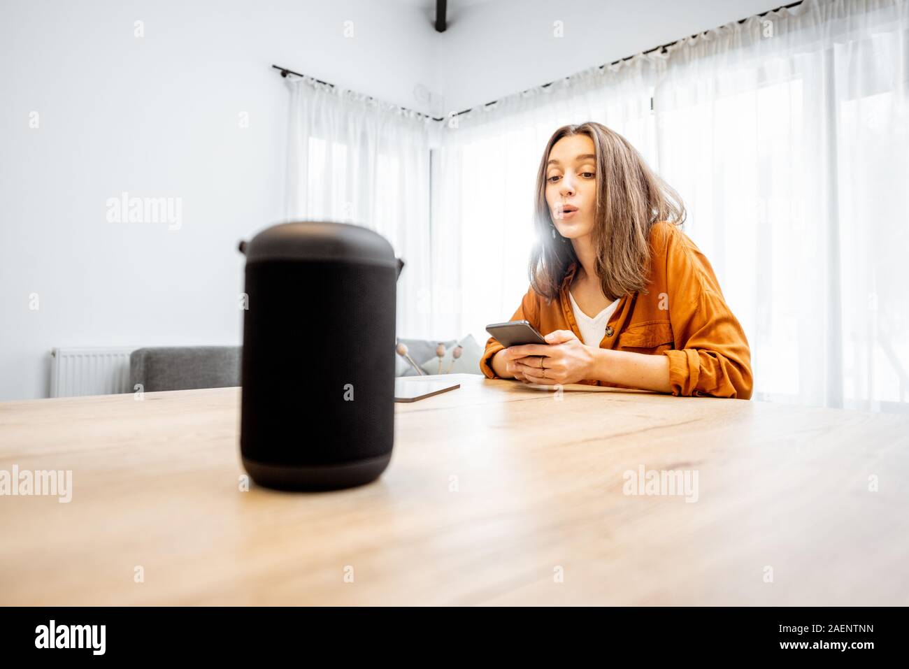 Junge fröhliche Frau controlling home Geräte mit einem Sprachbefehle, um eine Smart Spalte zu Hause sprechen. Konzept der "Smart Home" und Sprachsteuerung Stockfoto