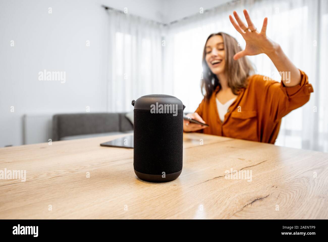 Junge fröhliche Frau controlling home Geräte mit einem Sprachbefehle, um eine Smart Spalte zu Hause sprechen. Konzept der "Smart Home" und Sprachsteuerung Stockfoto