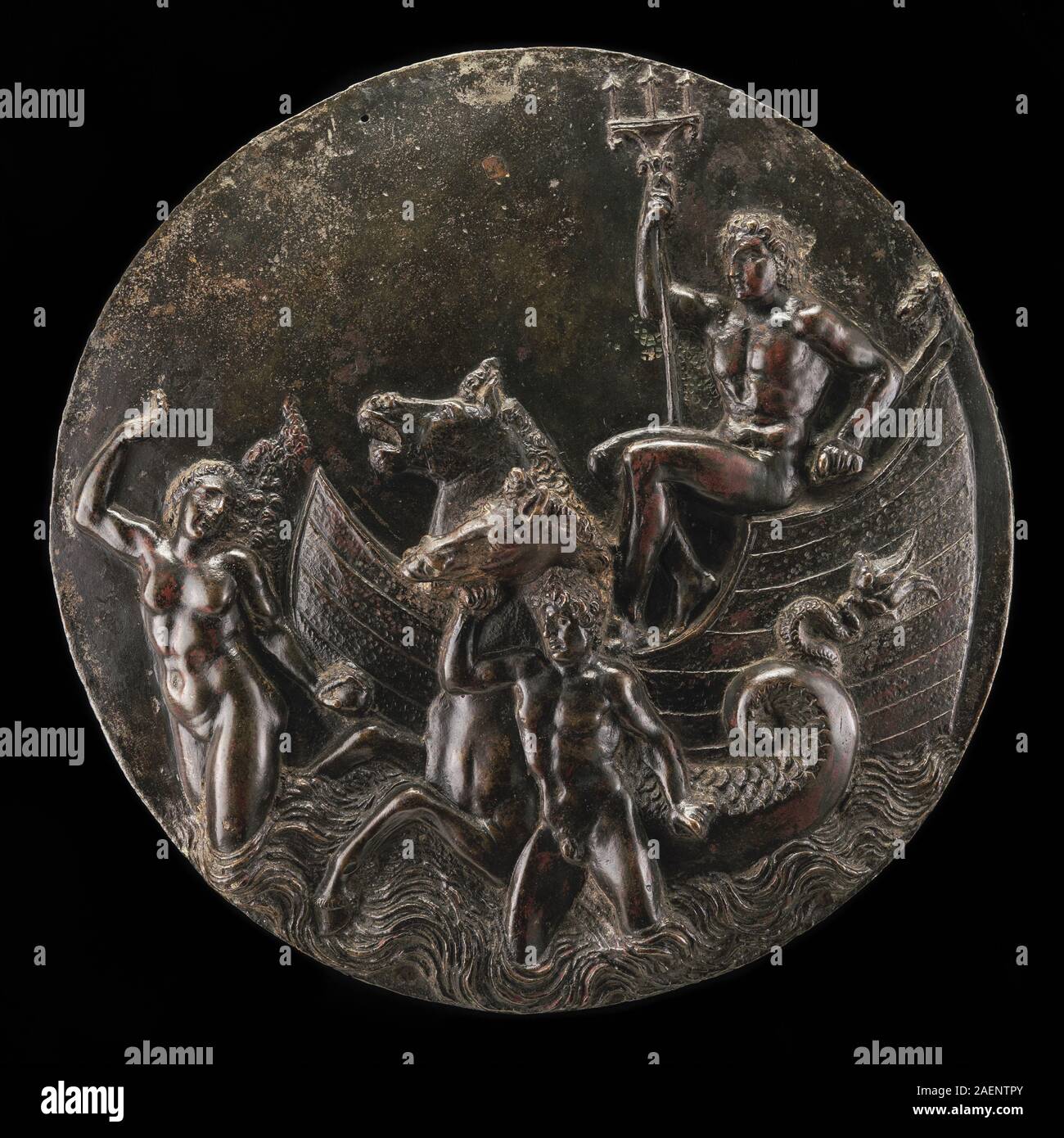 Dieses venezianische Gemälde aus dem 16. Jahrhundert zeigt den Triumph des Neptun mit klassischen Figuren, mythologischem Thema, Ozean, Wagen, Meeresbewohner und italienischer Renaissance-Stil. Stockfoto
