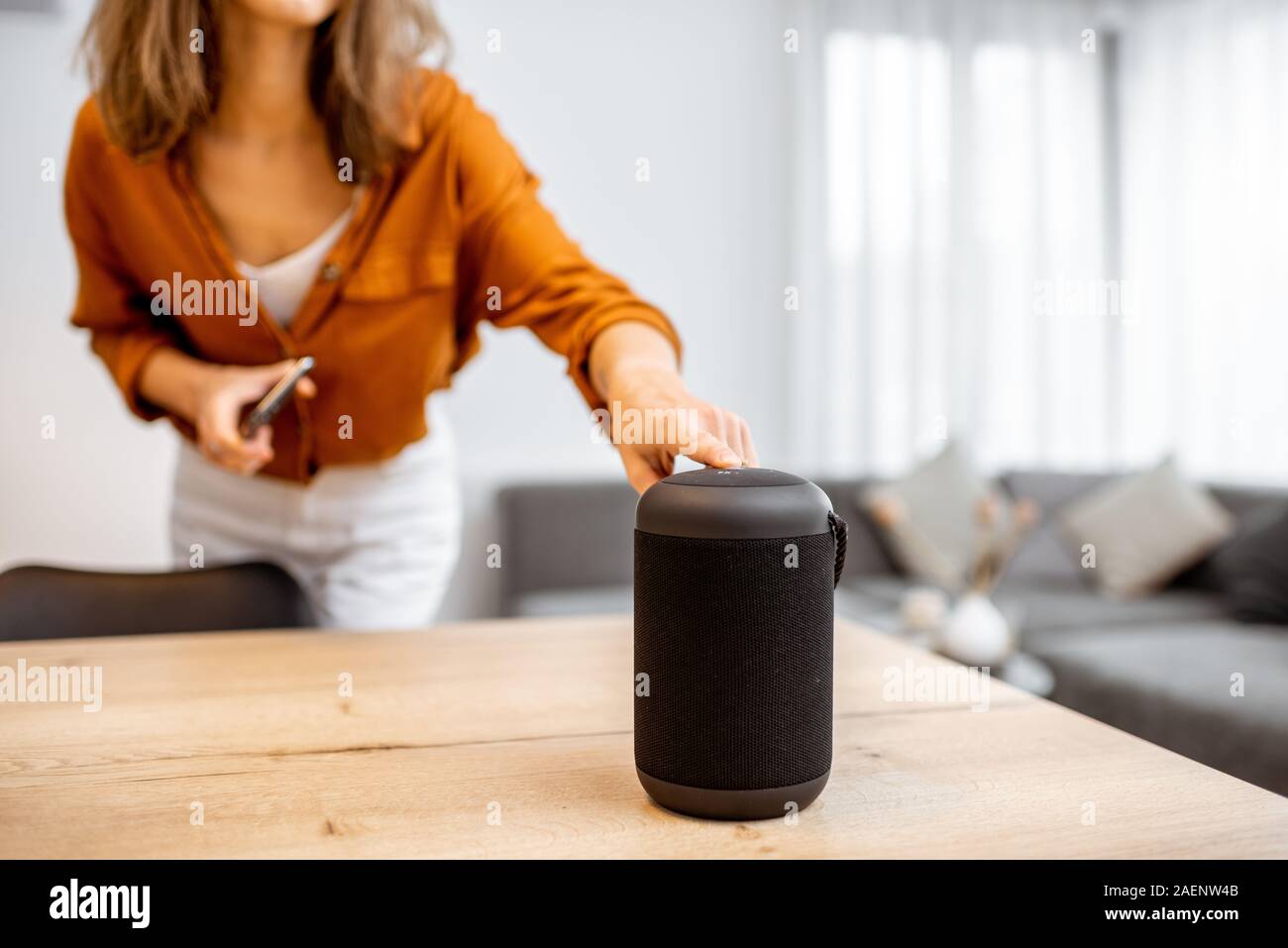 Junge Frau Einschalten wireless smart Spalte zu Hause. Konzept einer Smart Home wireless Geräte. Konzept der "Smart Home" und Sprachsteuerung Stockfoto