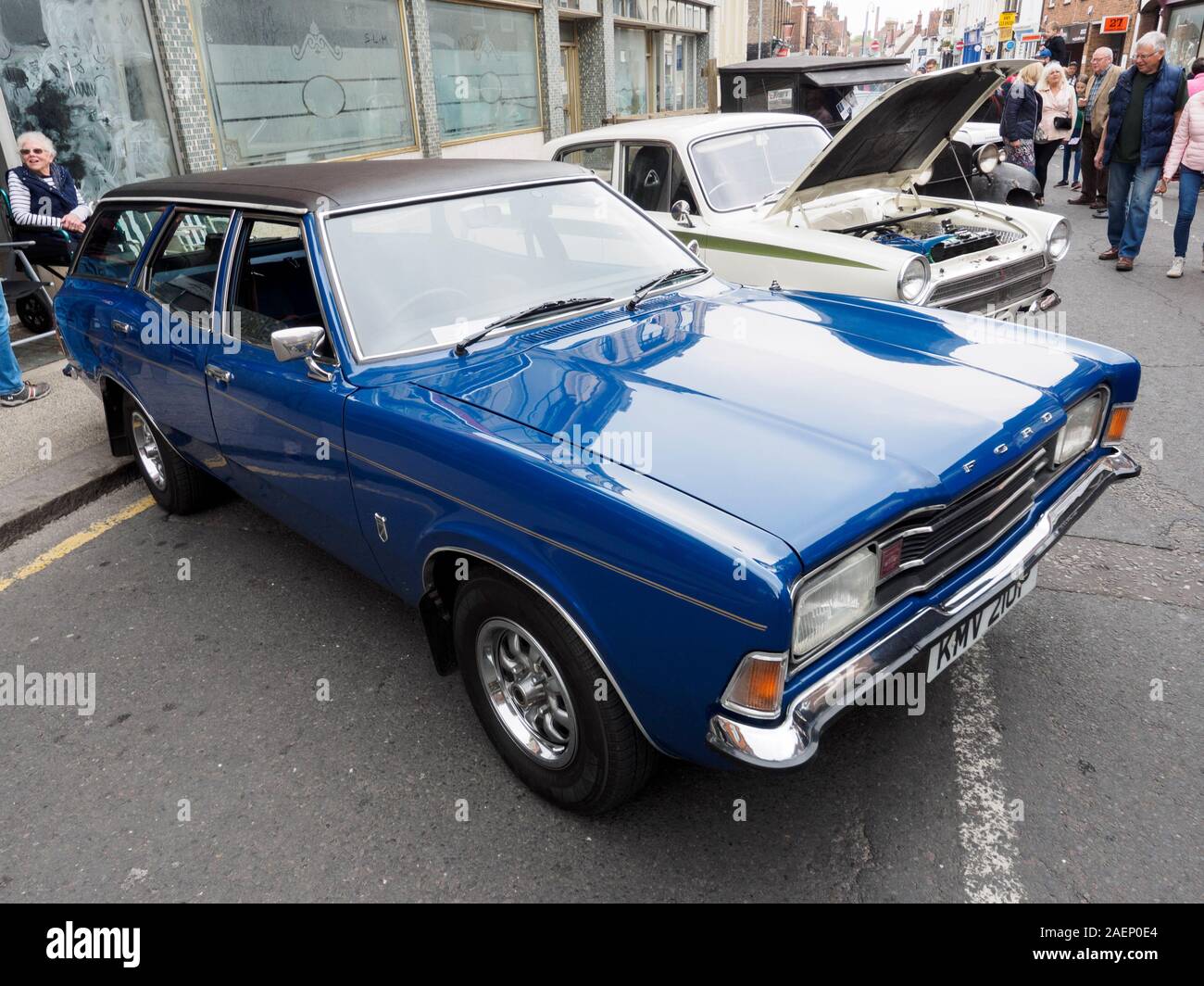 Ein blauer Ford Cortina Mk III/Mark 3 Kombi. Stockfoto