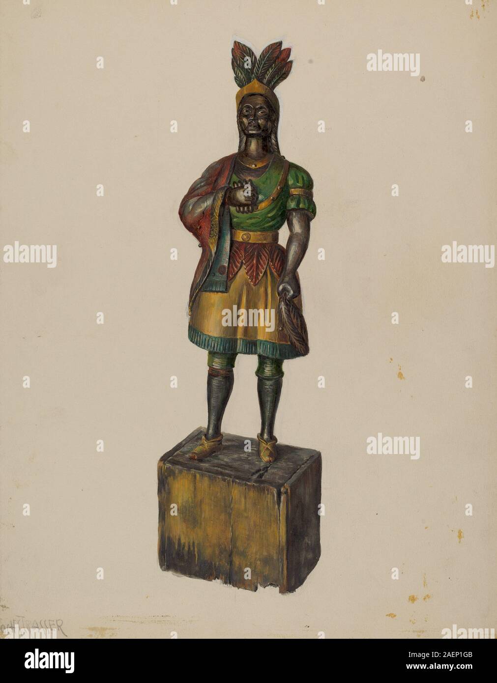 Holzskulptur eines Cigar Store Indian von Walter Hochstrasser um 1936, entworfen als Werbefigur für Tabakhändler, mit detaillierter Schnitzerei und bemalter Dekoration. Stockfoto