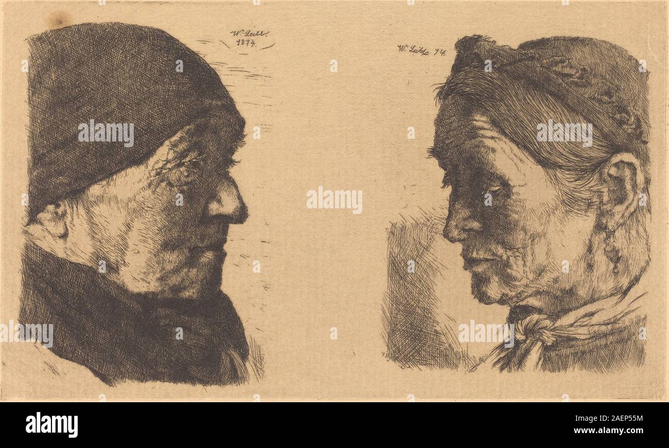 Gemälde von Wilhelm Leibl von 1874, gedruckt 1880, mit einer alten Bauernfrau im Profil und einer anderen mit geschlossenen Augen. Das Kunstwerk zeigt Gesichtszüge, Kleidung, Körperhaltung, Ausdruck und einen realistischen Stil aus dem 19. Jahrhundert. Stockfoto