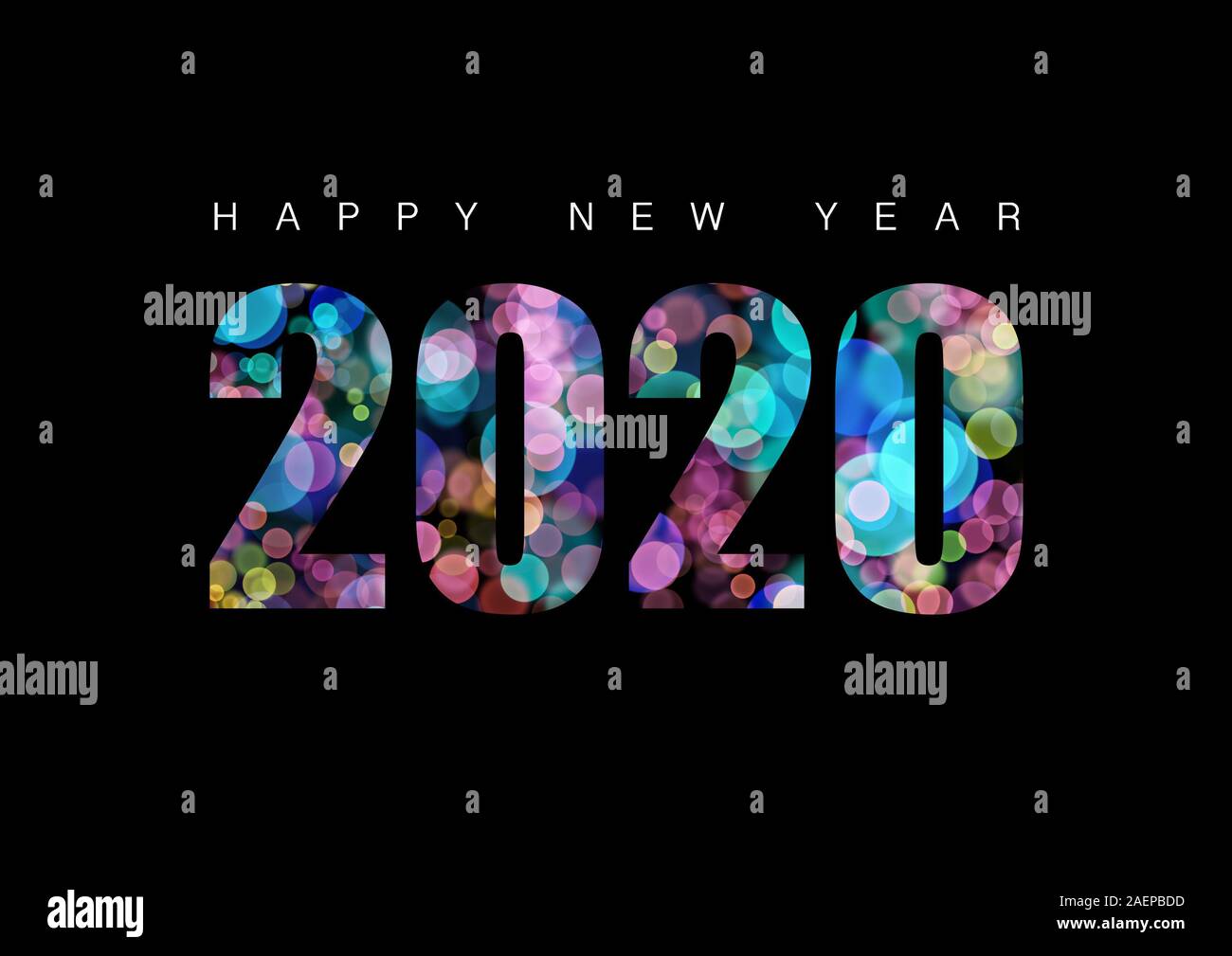 Frohes Neues Jahr 2020 isoliert auf einem schwarzen Hintergrund Stockfoto