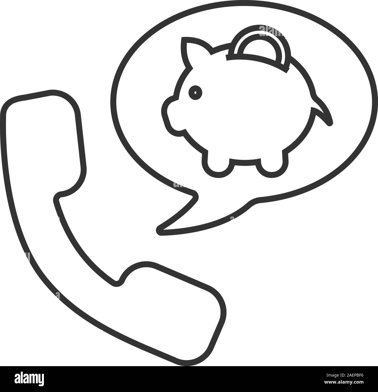 Anruf linear Symbol zu Bank. Dünne Linie Abbildung. Hörer mit sparschwein in der Sprechblase. Kontur Symbol. Vektor isoliert Maßbild Stock Vektor