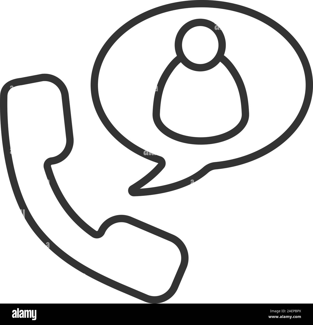 Telefonieren mit Freund lineare Symbol. Dünne Linie Abbildung. Hörer mit Mann nach innen Chat Box. Kontur Symbol. Vektor isoliert Maßbild Stock Vektor