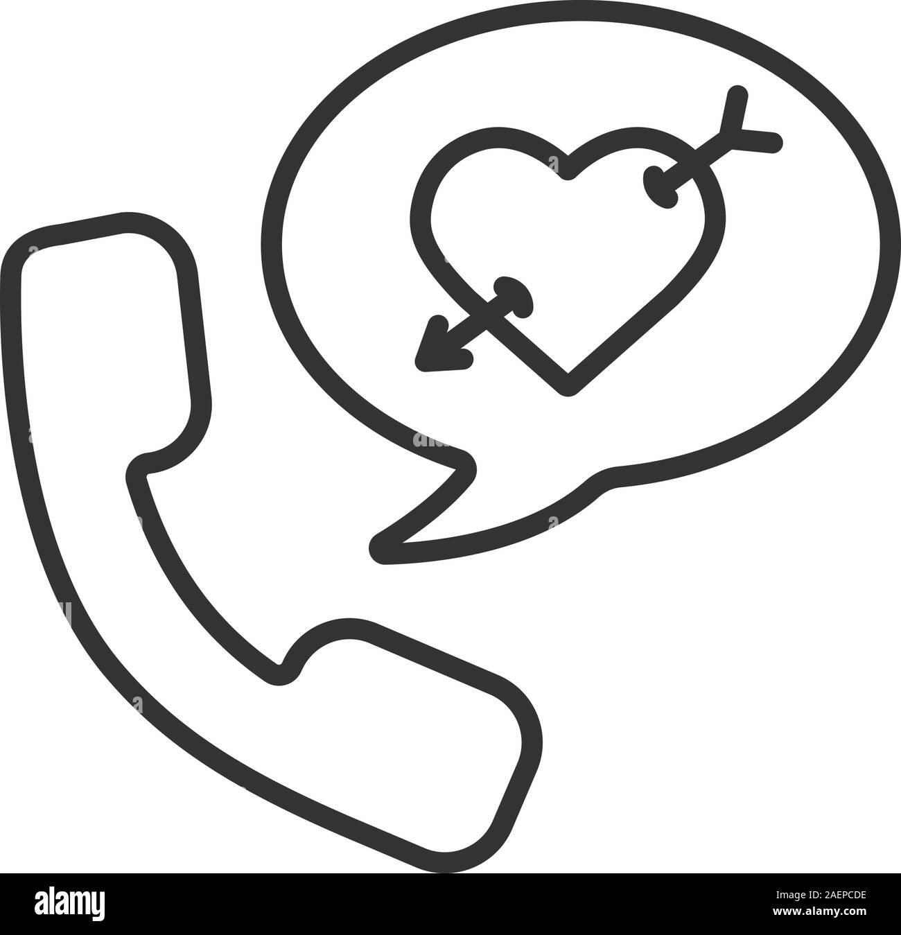 Romantische Telefon sprechen lineare Symbol. Dünne Linie Abbildung. Hörer mit Herz und Pfeil in Sprechblase. Kontur Symbol. Vektor isoliert Umrisse dr Stock Vektor