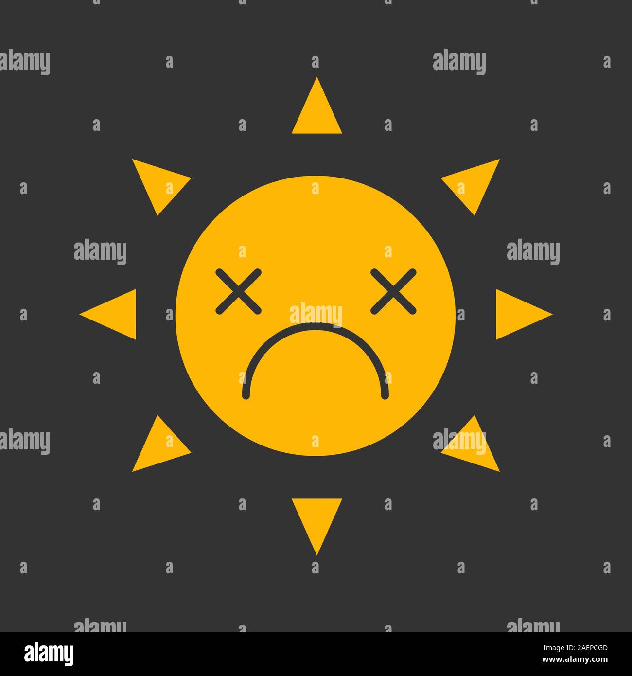 Tote Sonne lächeln Glyphe Farbe Symbol. Schlechte Laune. Silhouette Symbol auf schwarzem Hintergrund. Negativer Platz. Vector Illustration Stock Vektor