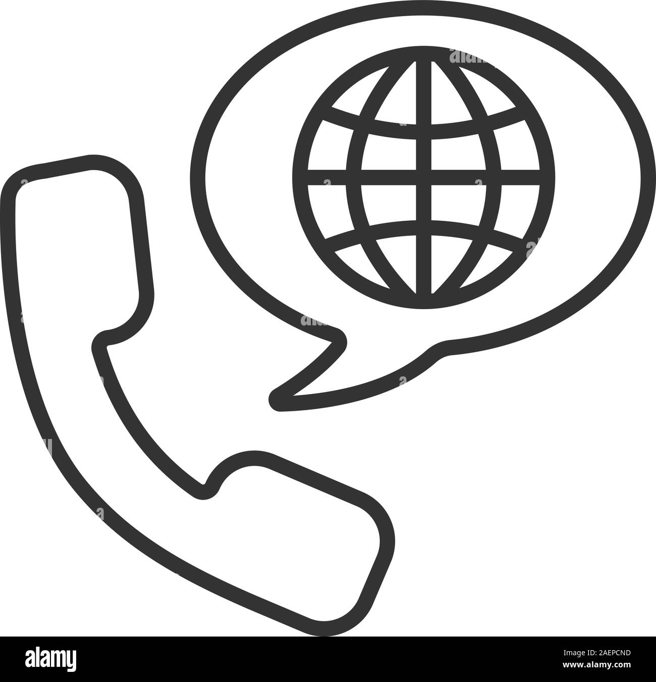 Internationalen Anruf linear Symbol. Dünne Linie Abbildung. Mobilteil mit Globus Modells in Sprechblase. Kontur Symbol. Vektor isoliert Umriss d Stock Vektor