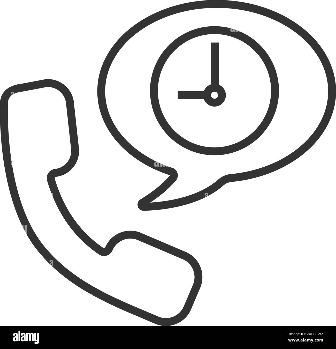 Telefon sprechen Dauer linear Symbol. Dünne Linie Abbildung. Mobilteil mit Uhr in der Sprechblase. Kontur Symbol. Vektor isoliert Maßbild Stock Vektor
