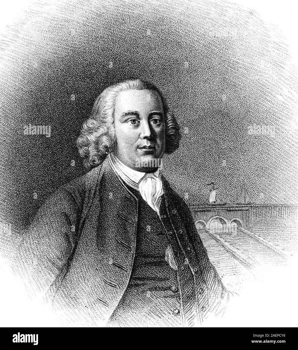 JAMES BRINDLEY (1716-1772) englische Ingenieur 1770 mit Barton Aquädukt über den Fluss Irwell in den Boden zurück Stockfoto