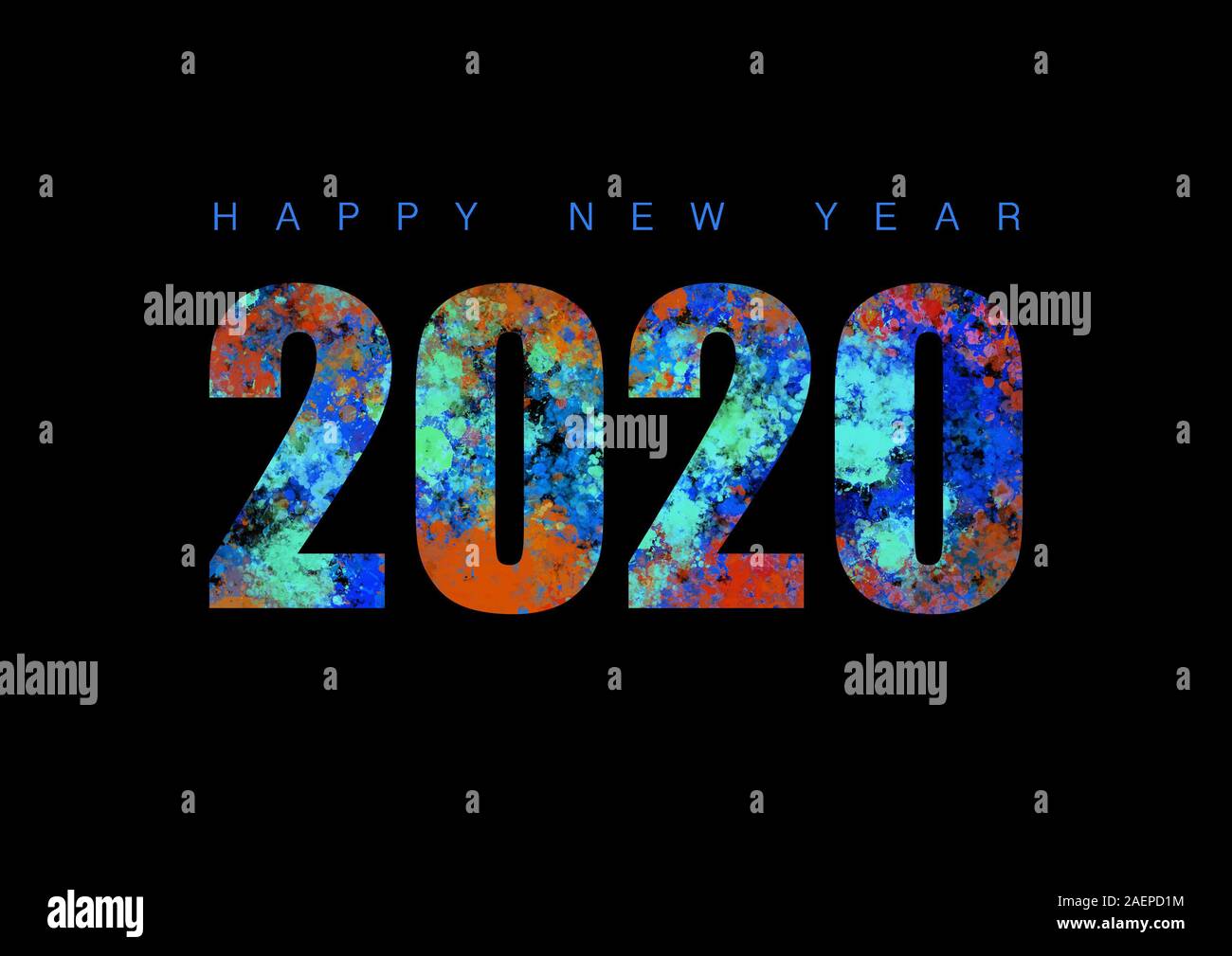 Frohes Neues Jahr 2020 isoliert auf einem schwarzen Hintergrund Stockfoto
