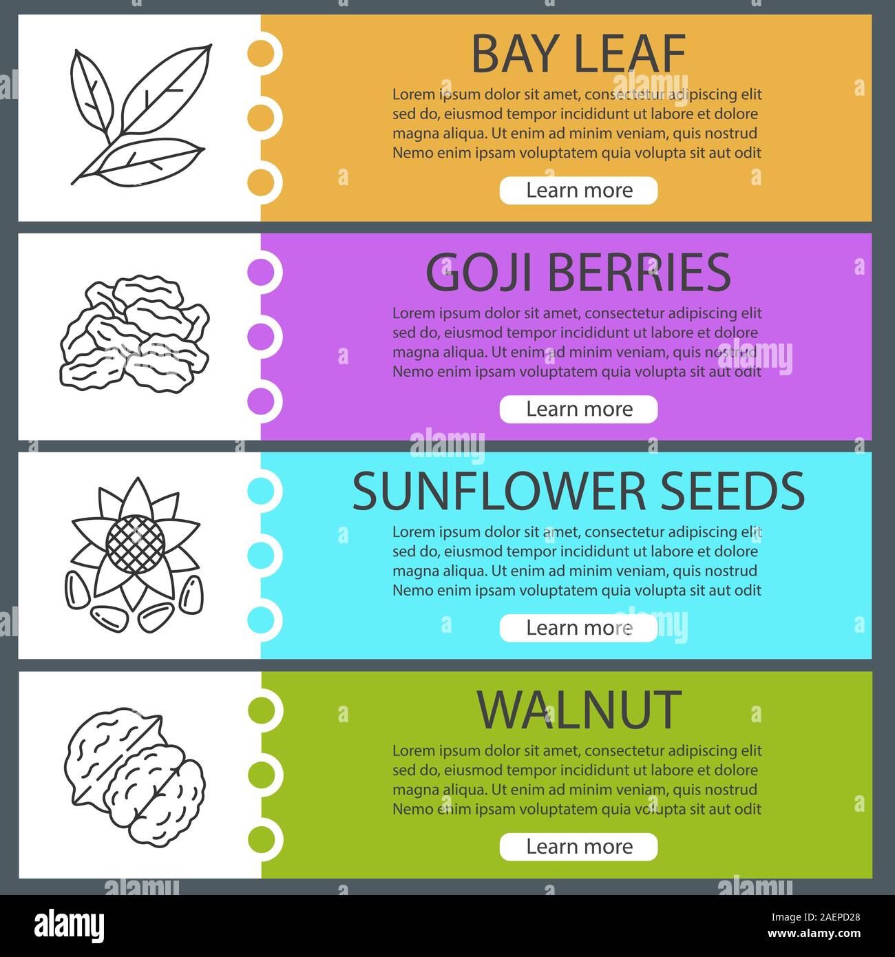 Gewürze Web Banner Vorlagen eingestellt. Lorbeer, Goji Beeren, Sonnenblumenkerne, Nussbaum. Website Farbe Menüpunkte mit linearen Symbolen. Vektor header Design Stock Vektor