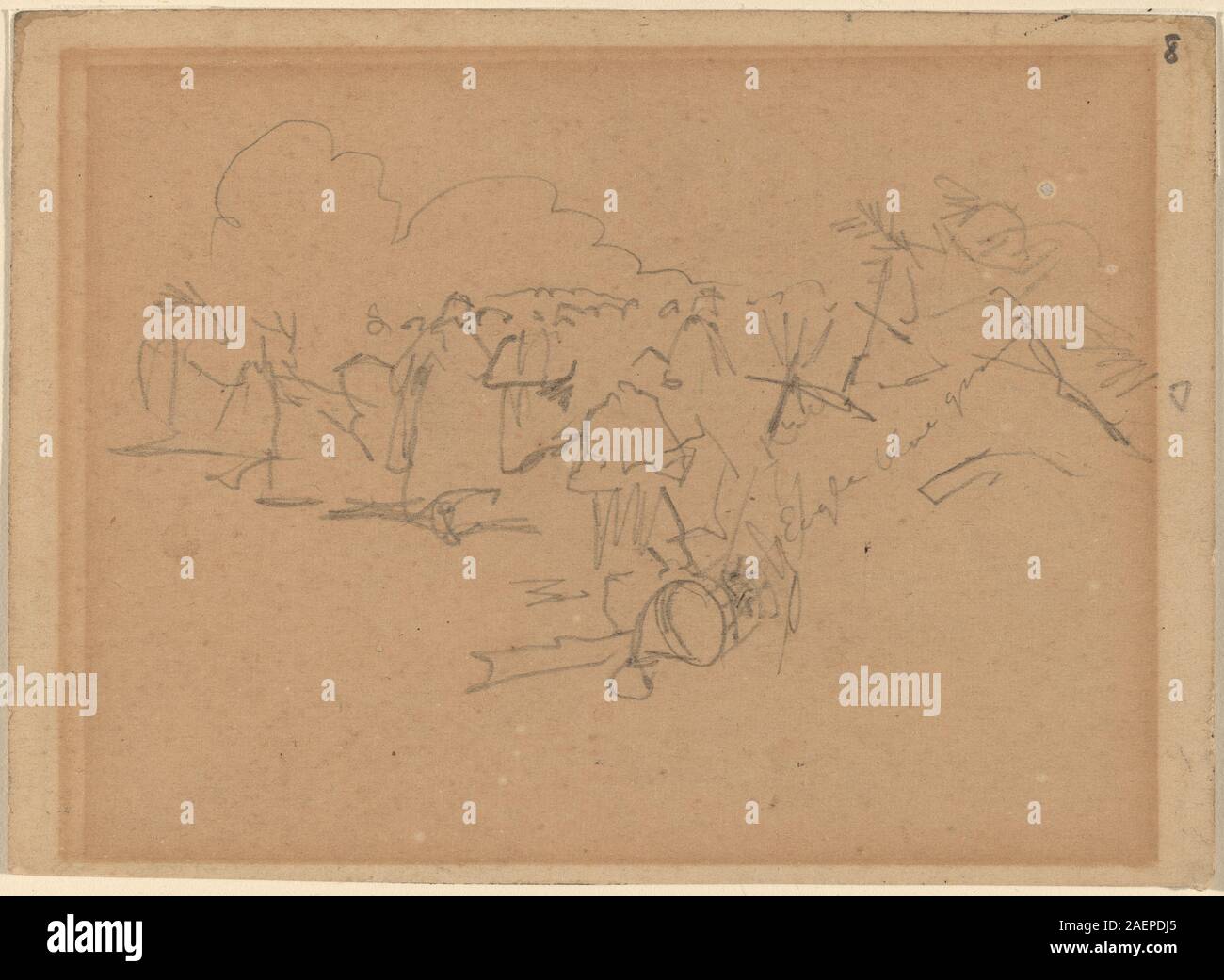 1862 Gemälde von Winslow Homer mit dem Titel „Ende des Marsches“, Recto-Seite, mit marschierenden Figuren, Soldaten, Landschaft, Uniformen, Ausdrücke und naturalistische Komposition. Stockfoto
