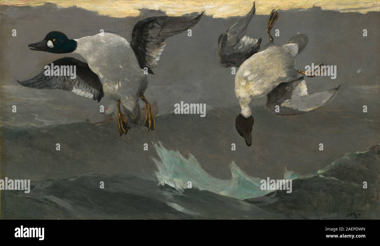 1909 Gemälde von Winslow Homer mit dem Titel „Rechts und Links“, das eine Jagdszene mit Wasservögeln, Hund, Jägern, Feuerwaffen, Landschaft, Wasser, Himmel und dynamische Bewegung im amerikanischen realistischen Stil. Stockfoto